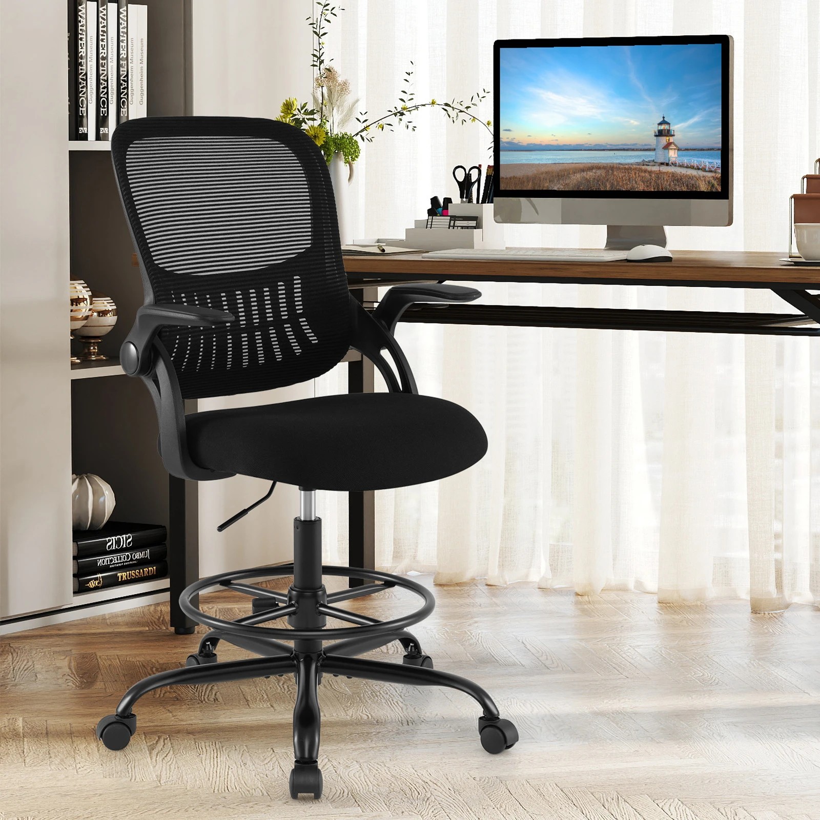2 Costway Swivel Mesh Task Chair Drafting Chair Adjustable Desk Armchair Office Gaming Chair - Black, 2 of 4