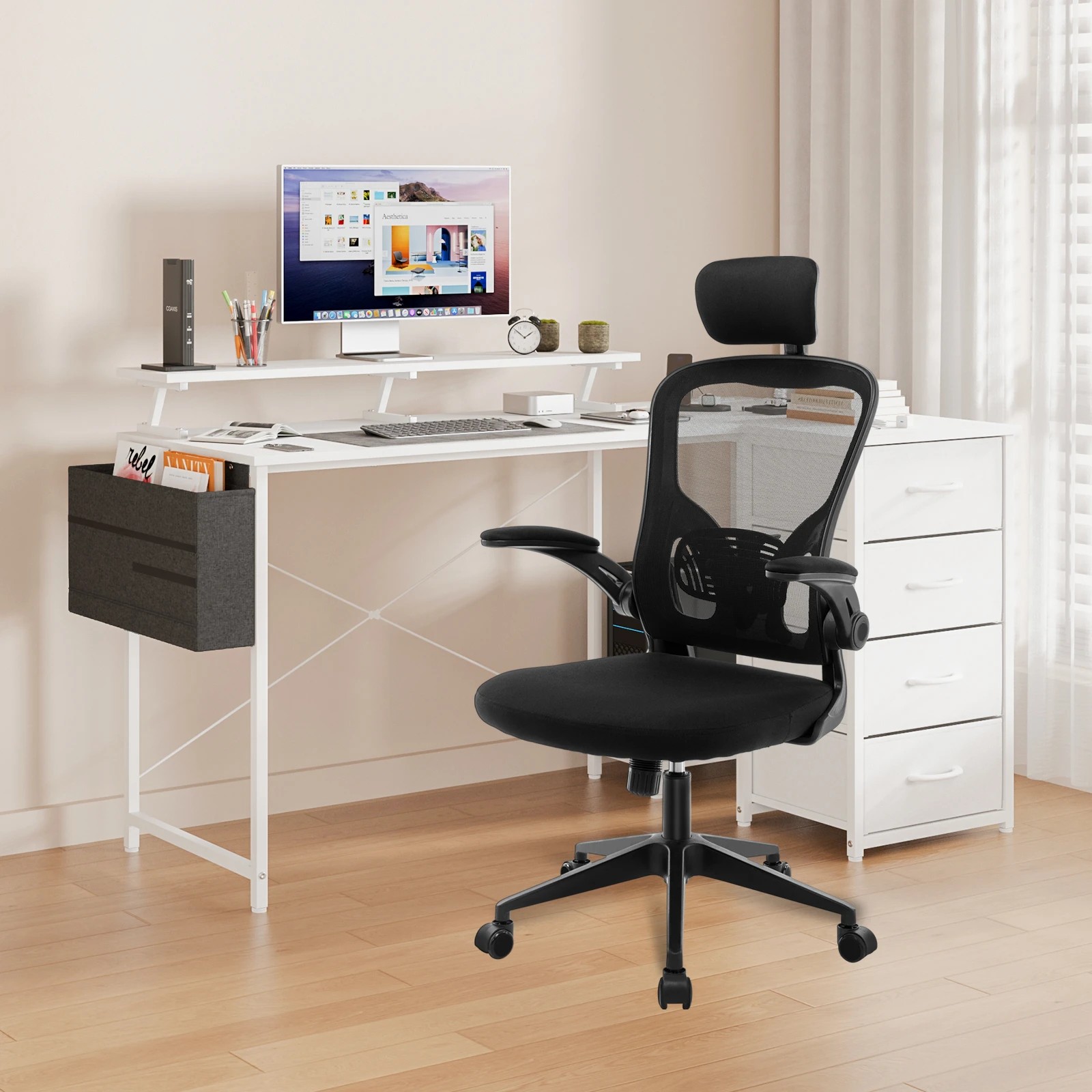 3 Advwin L Shaped Gaming Desk 140cm With Led Lights & Power Outlets Convertible Computer Desk - White, 3 of 10