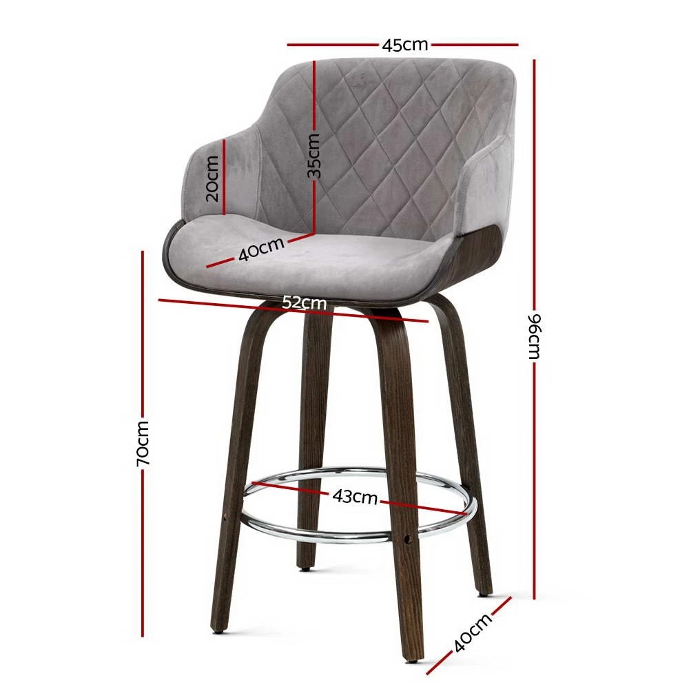 2 Artiss 2x Bar Stools Swivel Velvet Padded Wooden - Grey, 2 of 6