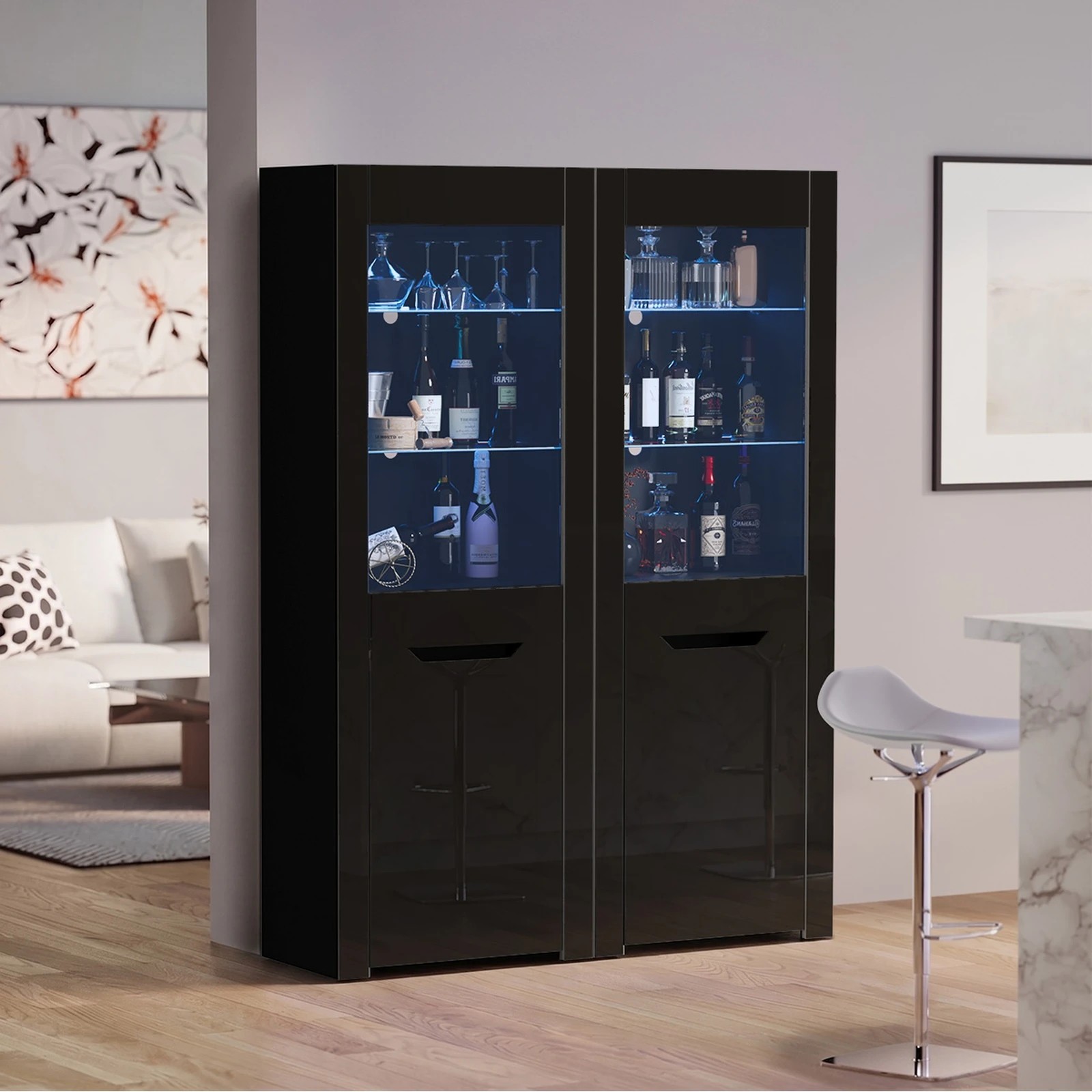 4 Oikiture Display Cabinet Buffet Sideboard High Gloss Cupboard LED Light - Black, 4 of 8