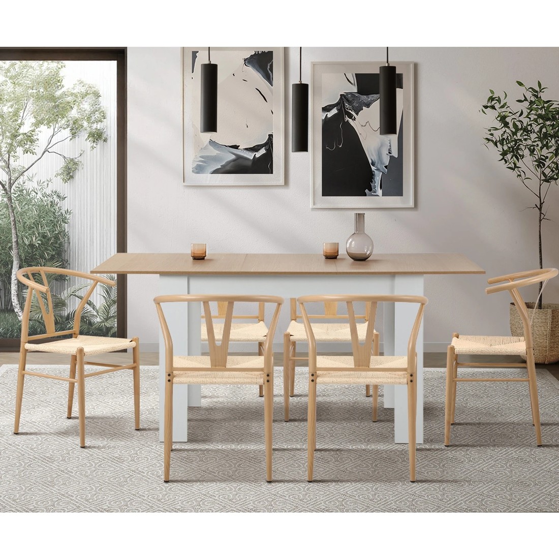 5 Oikiture 2x Dining Chair Metal Hans Wegner Chair Wishbone Cafe Lounge
 - Beige, 5 of 10