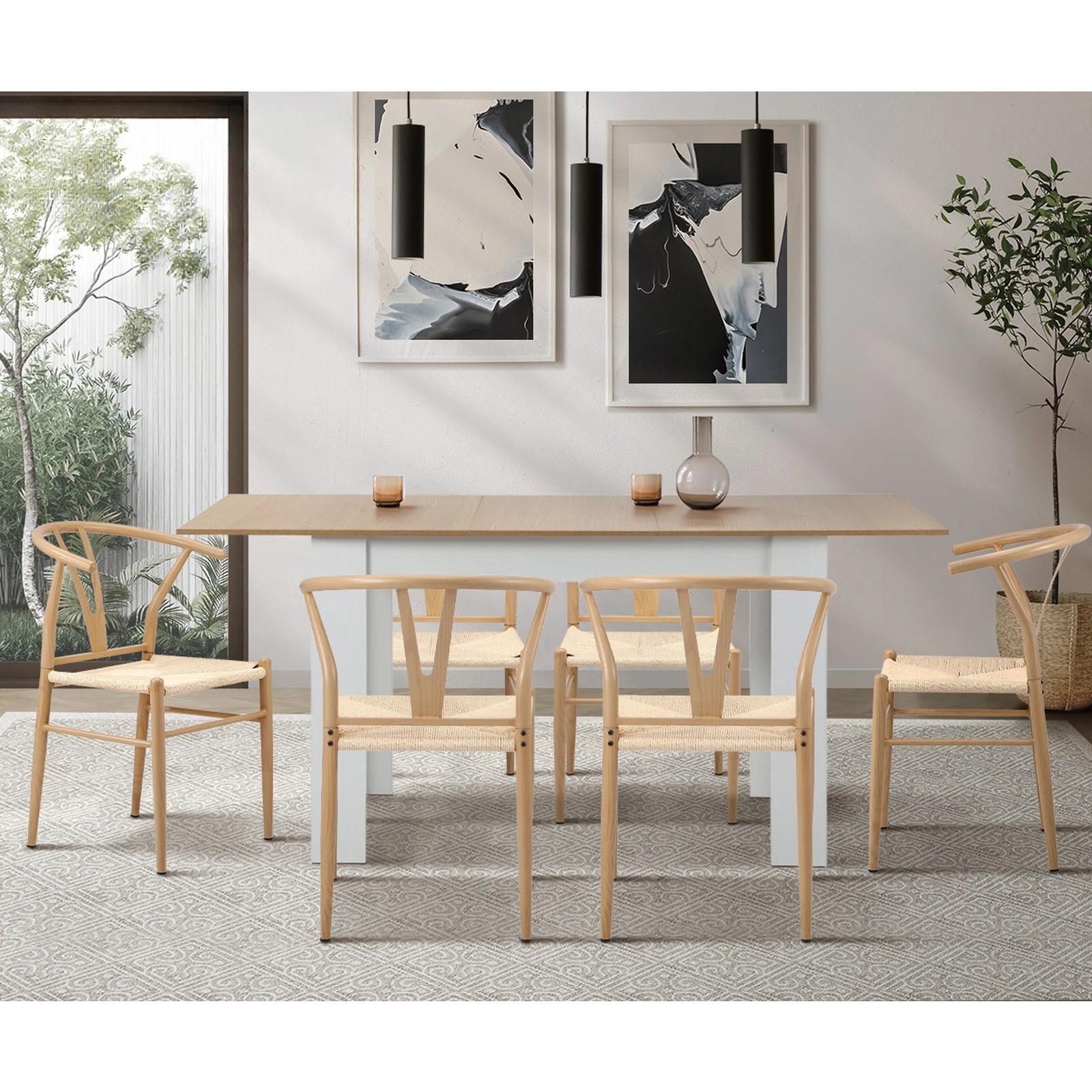 5 Oikiture 2x Dining Chair Metal Hans Wegner Chair Wishbone Cafe Lounge
 - Beige, 5 of 10