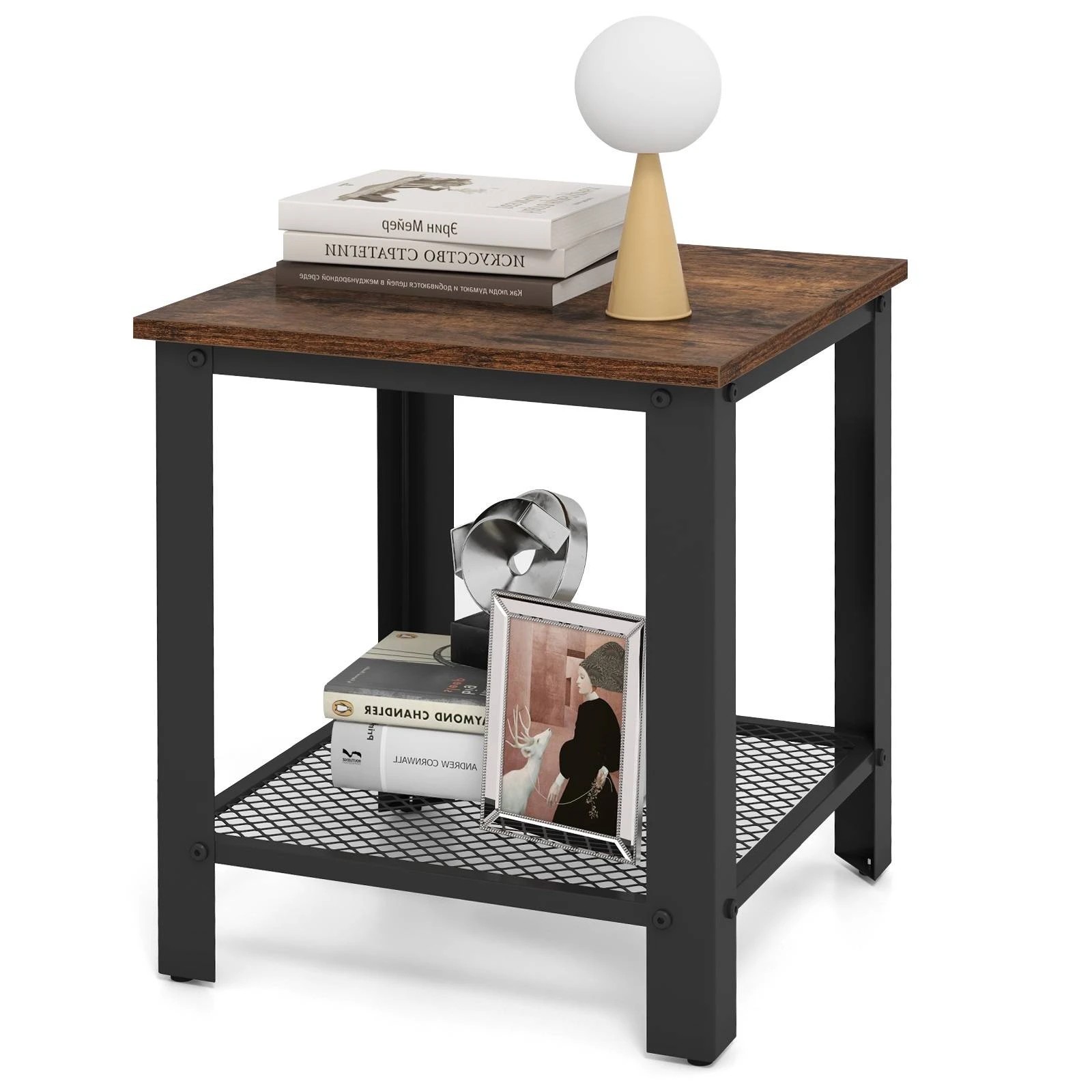 5 Costway 2-Tier End Table Square Sofa Side Table w/Mesh Shelf - Brown, 5 of 5