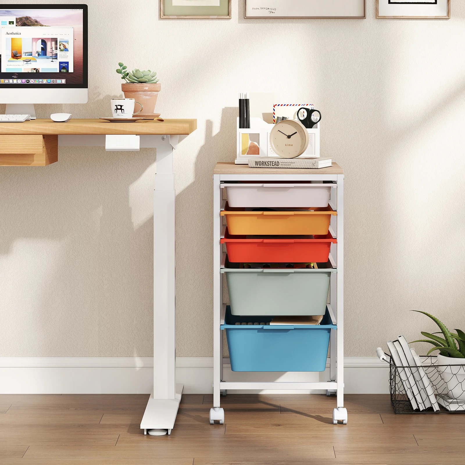 4 Costway 5-Drawer Rolling Storage Cart Mobile Utility Organizer w/Wooden Tabletop - Multi, 4 of 6