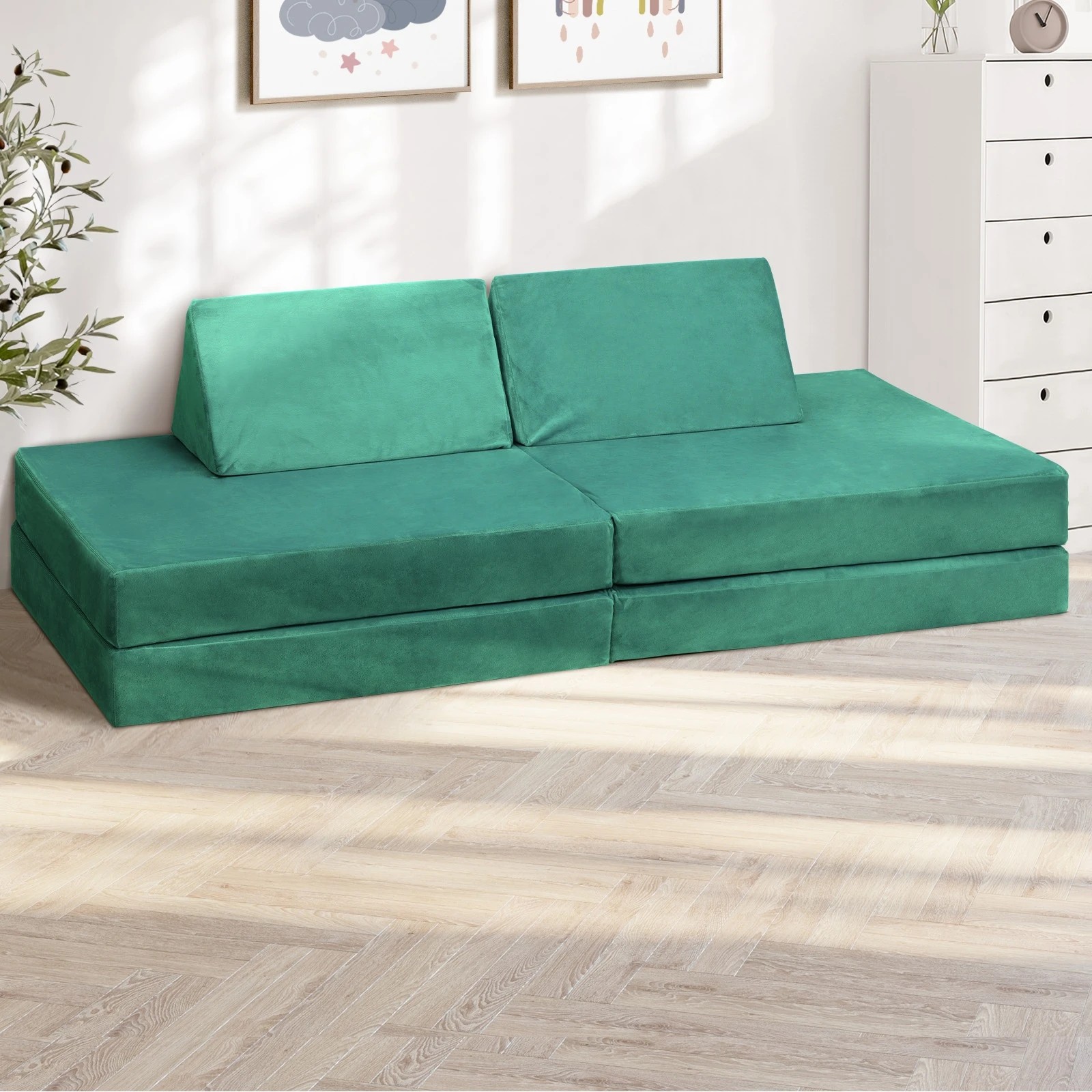 3 Oikiture 4Pcs Kids Play Couch Modular Lounge Cushion Convertible Playset - Green, 3 of 8