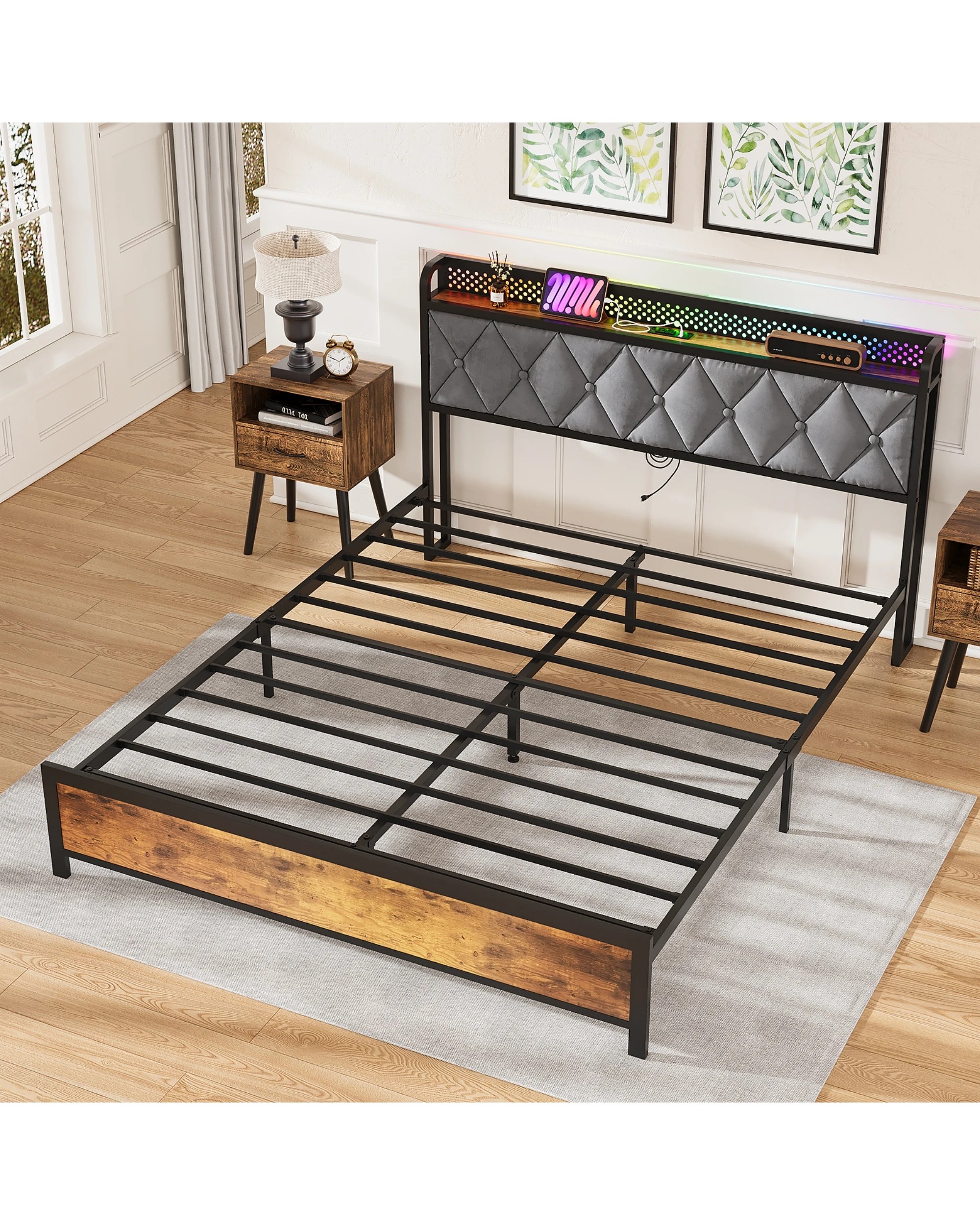 2 Advwin Double Bed Frame With Rgb Led Lights And Charging Station Storage Headboard Shelf, 2 of 7