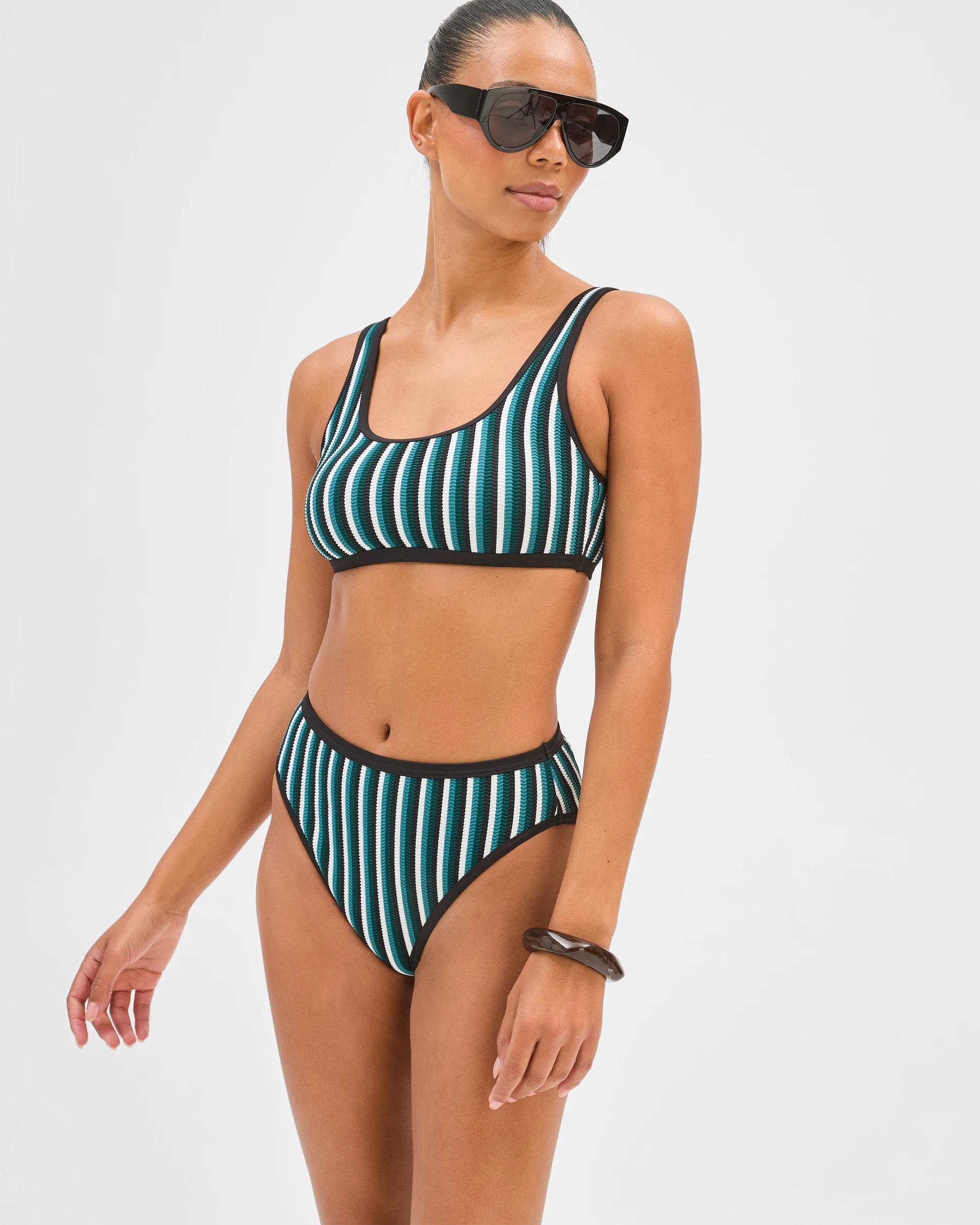 3 Target Woman High Waisted High Cut Crinkle Bikini Briefs COCOA/DEEP SEA STRIPE, 3 of 9
