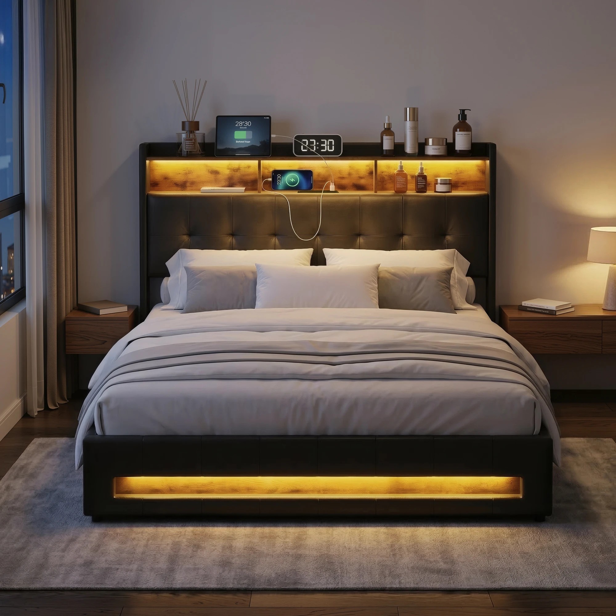 8 Artiss Queen Bed Frame Gas Lift Storage LED Lights Charging Station with Open Shelf - Black, 8 of 10