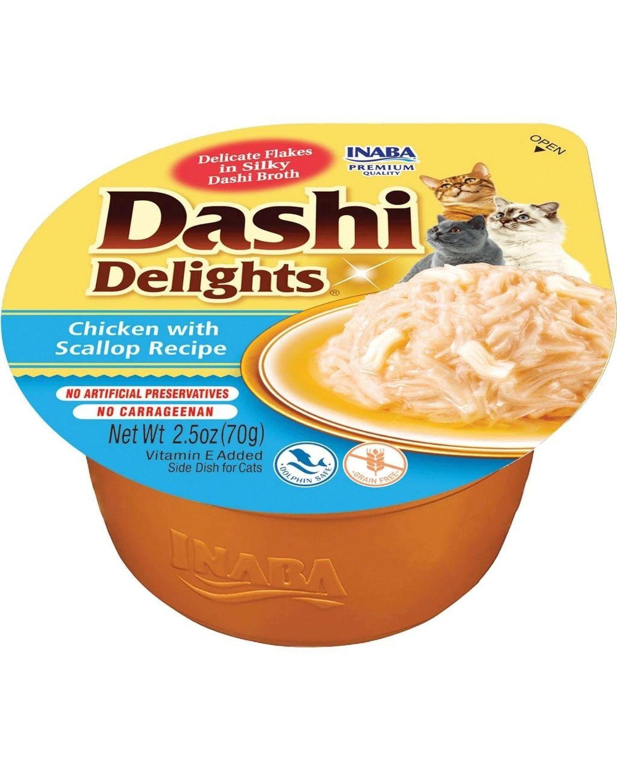 1 Inaba Dashi Delights Flakes in Broth Cat Food Topper Chicken w/ Scallop 6 x 70g, 1 of 3