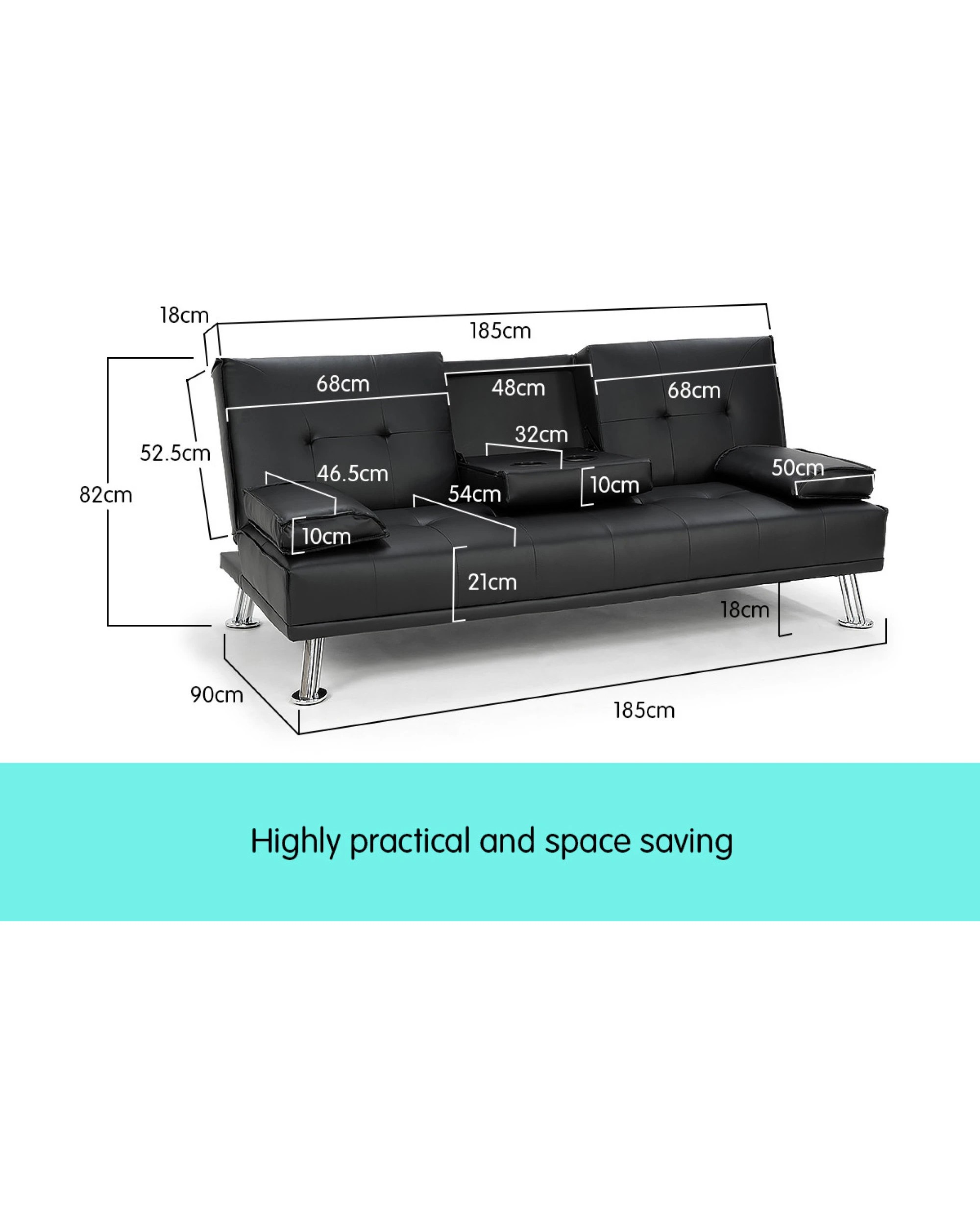 6 Sarantino Faux Leather Sofa Bed Lounge Furniture - Black, 6 of 7
