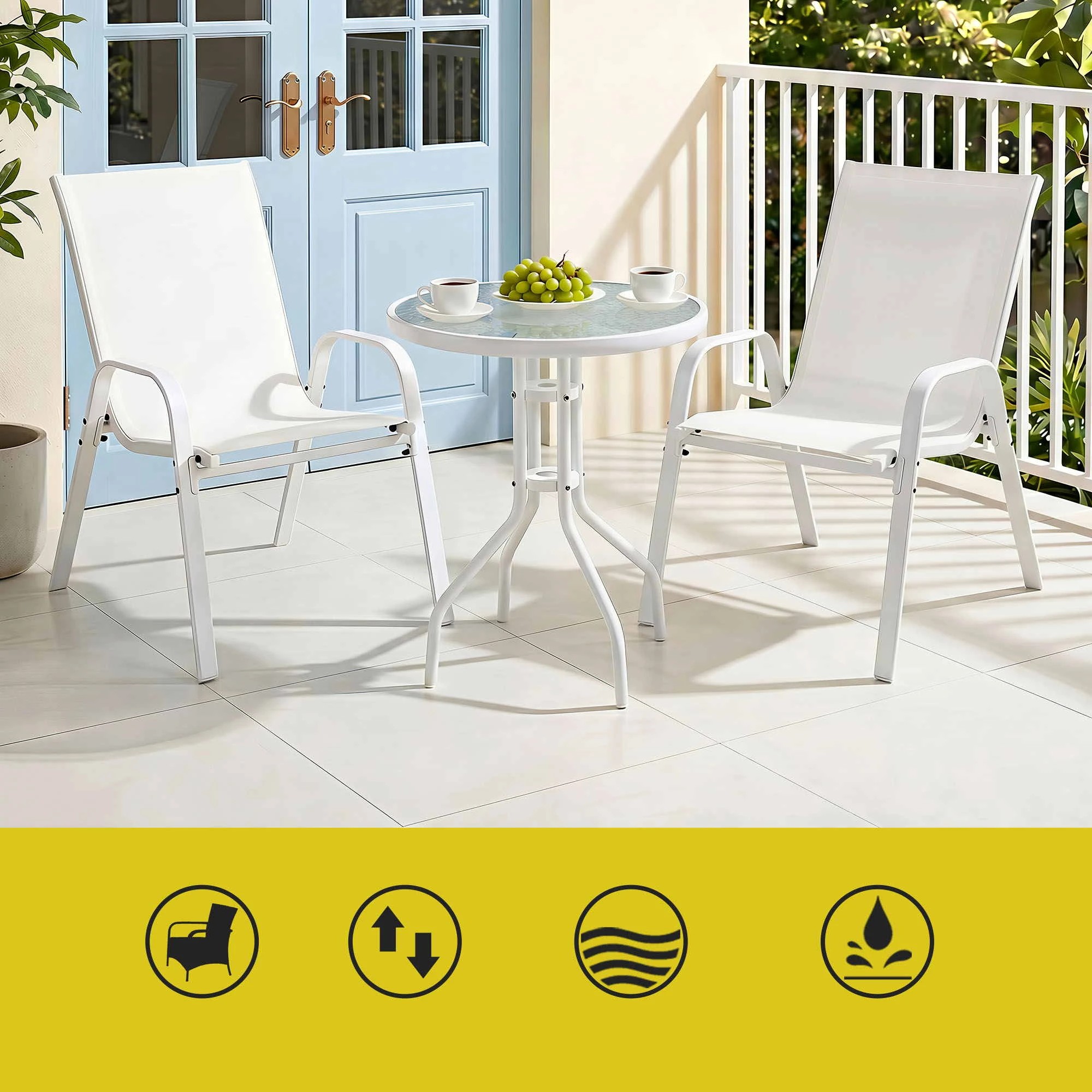 4 Gardeon 3PC Outdoor Bistro Set Table and Chairs Stackable Patio Furniture - White, 4 of 7