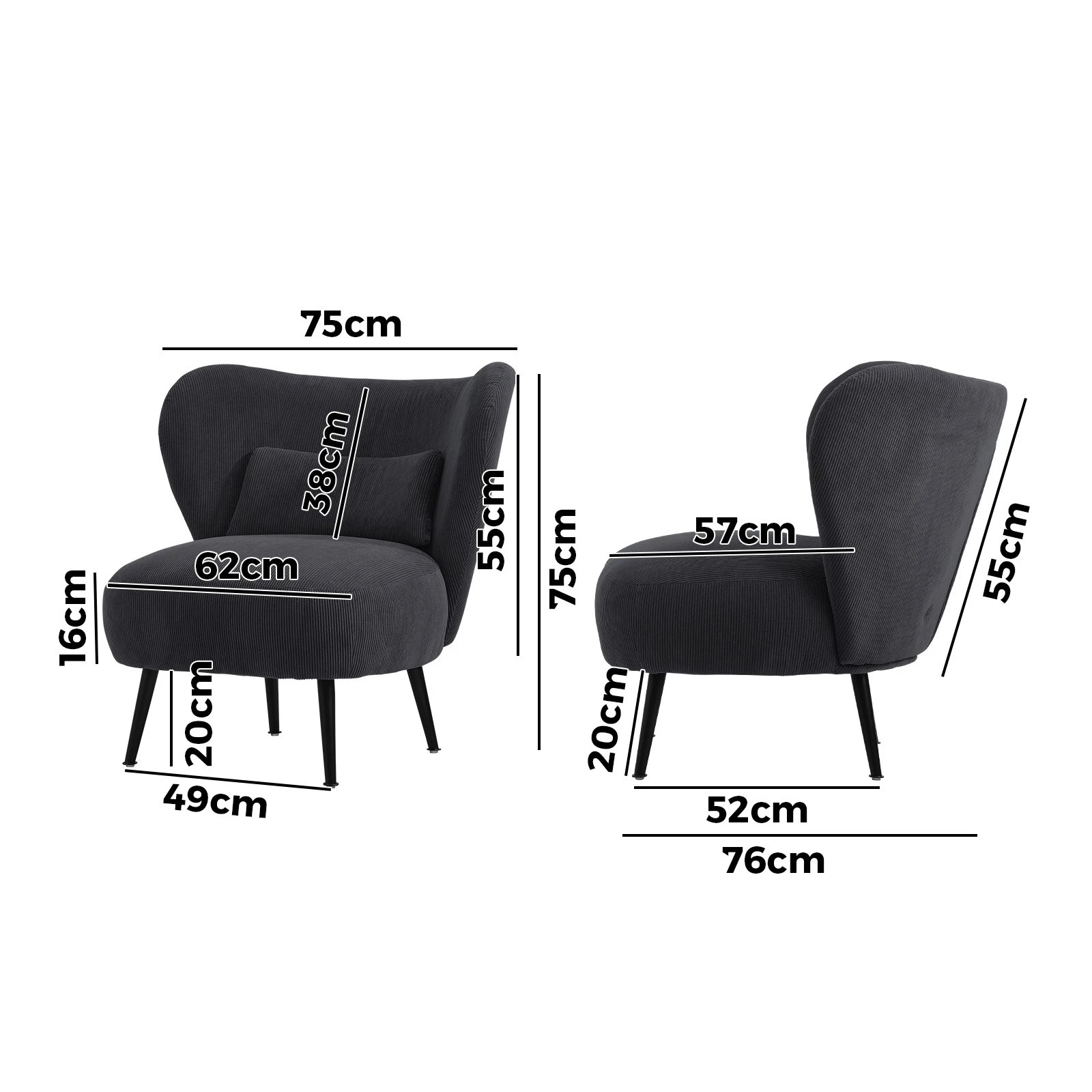9 Oikiture 2x Armchair Lounge Chair With Lumbar Pillow Wingback Velvet
 - Charcoal, 9 of 10