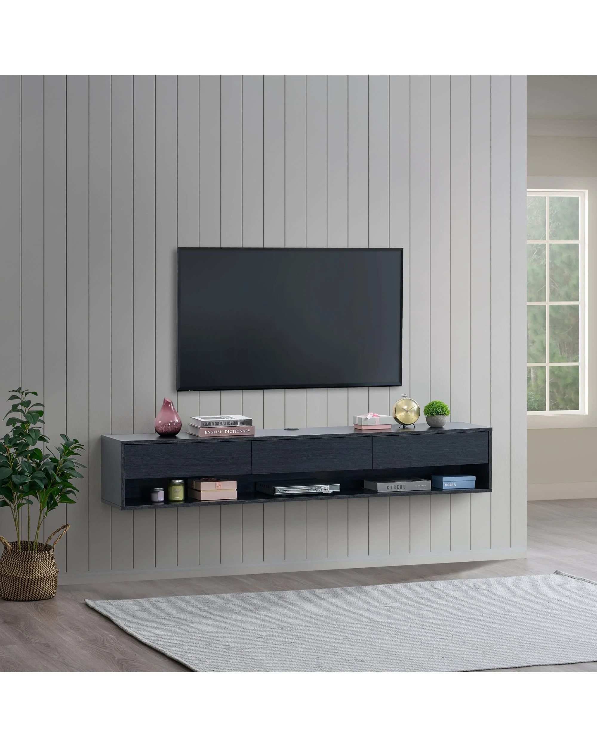 2 Kodu Wall Mount Entertainment TV Unit Floating 3 Drawers 180cm - Black, 2 of 6