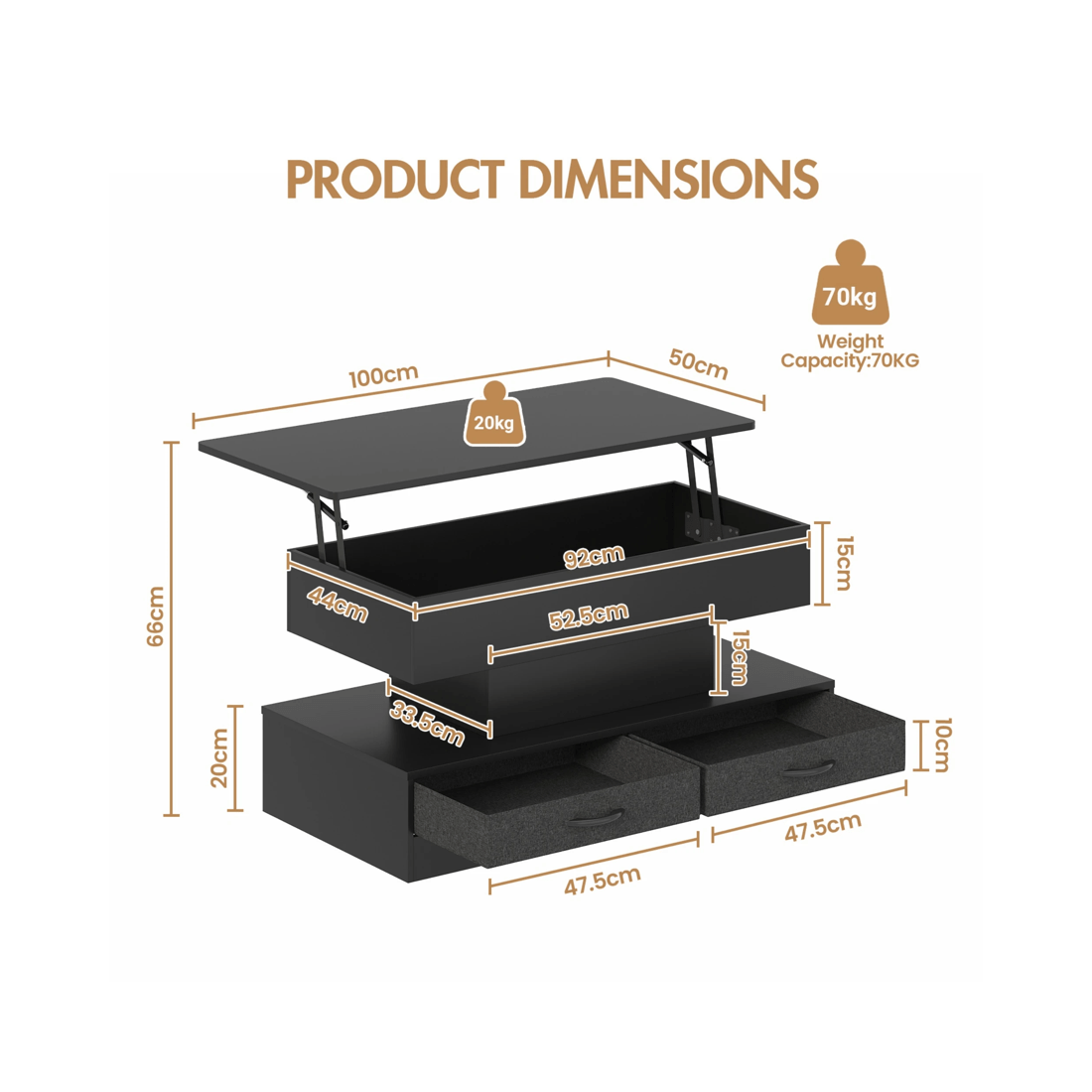 2 Advwin Lift up Top Coffee Table with Hidden Storage & Drawers RGB LED Lights Wooden Tea Table Black, 2 of 9