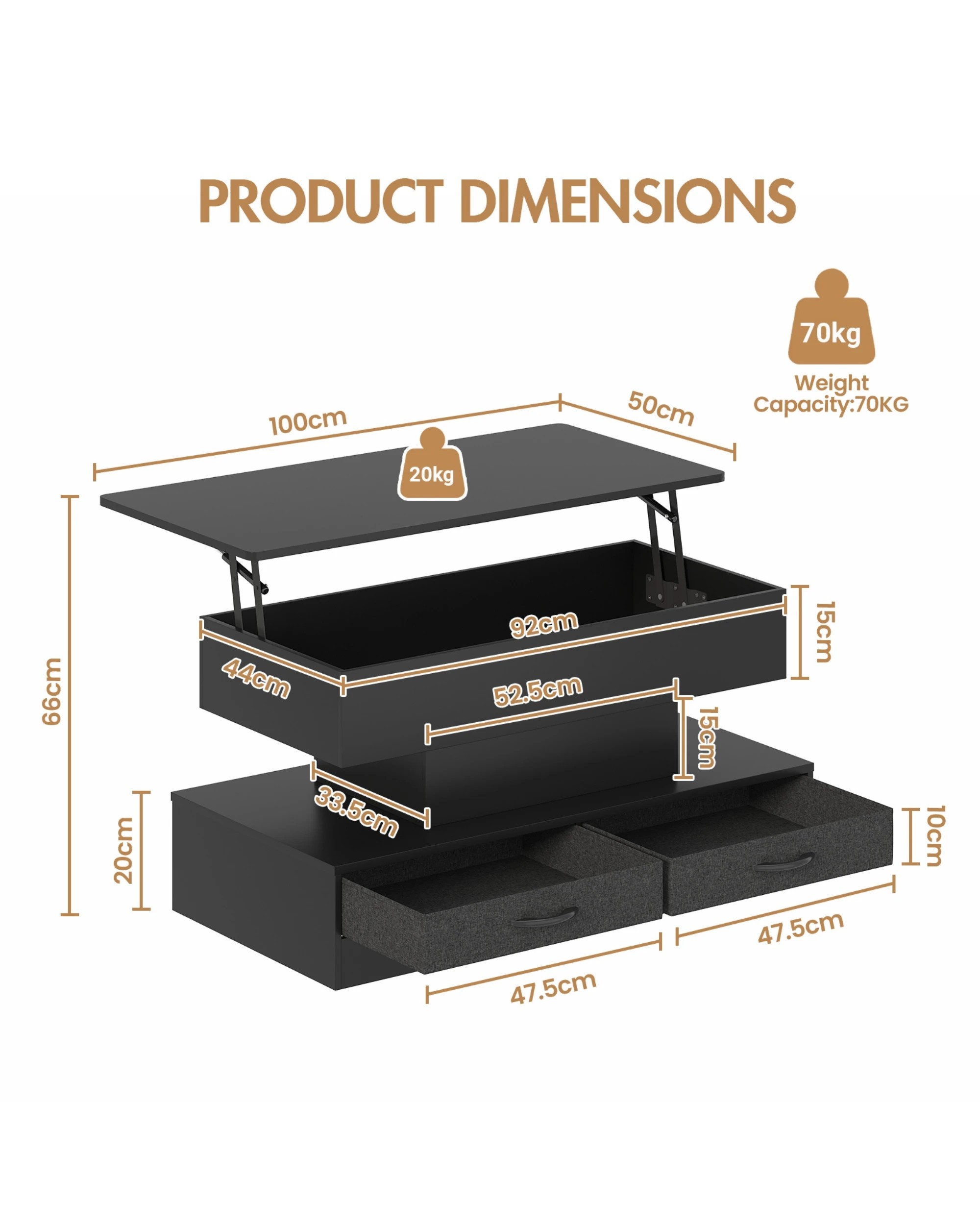 2 Advwin Lift up Top Coffee Table with Hidden Storage & Drawers RGB LED Lights Wooden Tea Table Black, 2 of 9