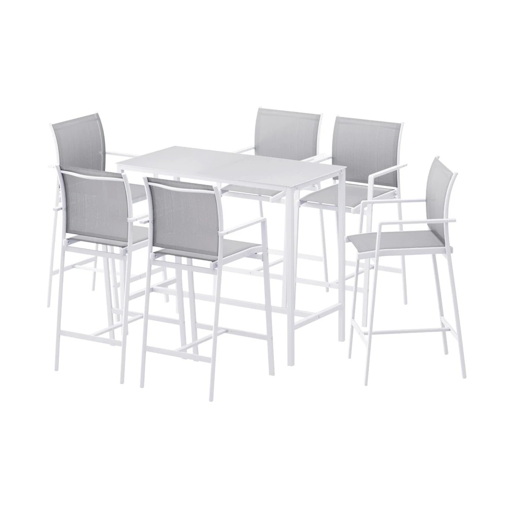 1 Gardeon 7PCS Outdoor Bar Set Stools Dining Chairs Table Patio Steel Bistro Set - White, 1 of 6