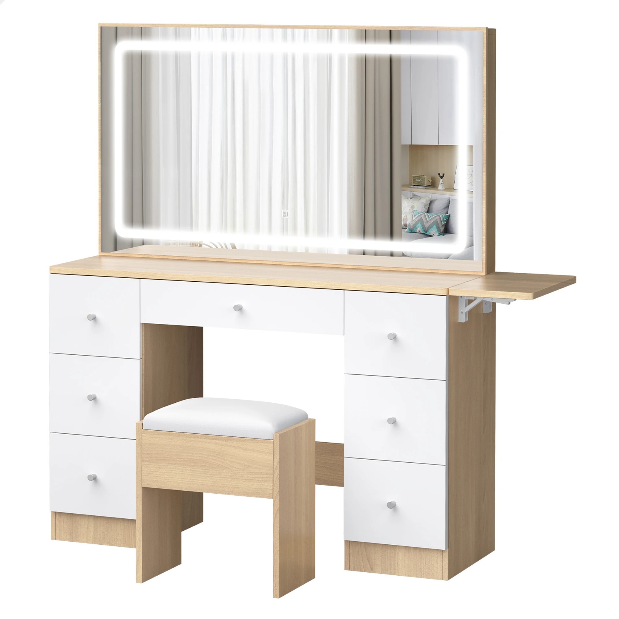 1 Alfordson Dressing Table Stool Set Makeup Mirror LED Vanity Desk 7 Drawers - Wood, 1 of 10