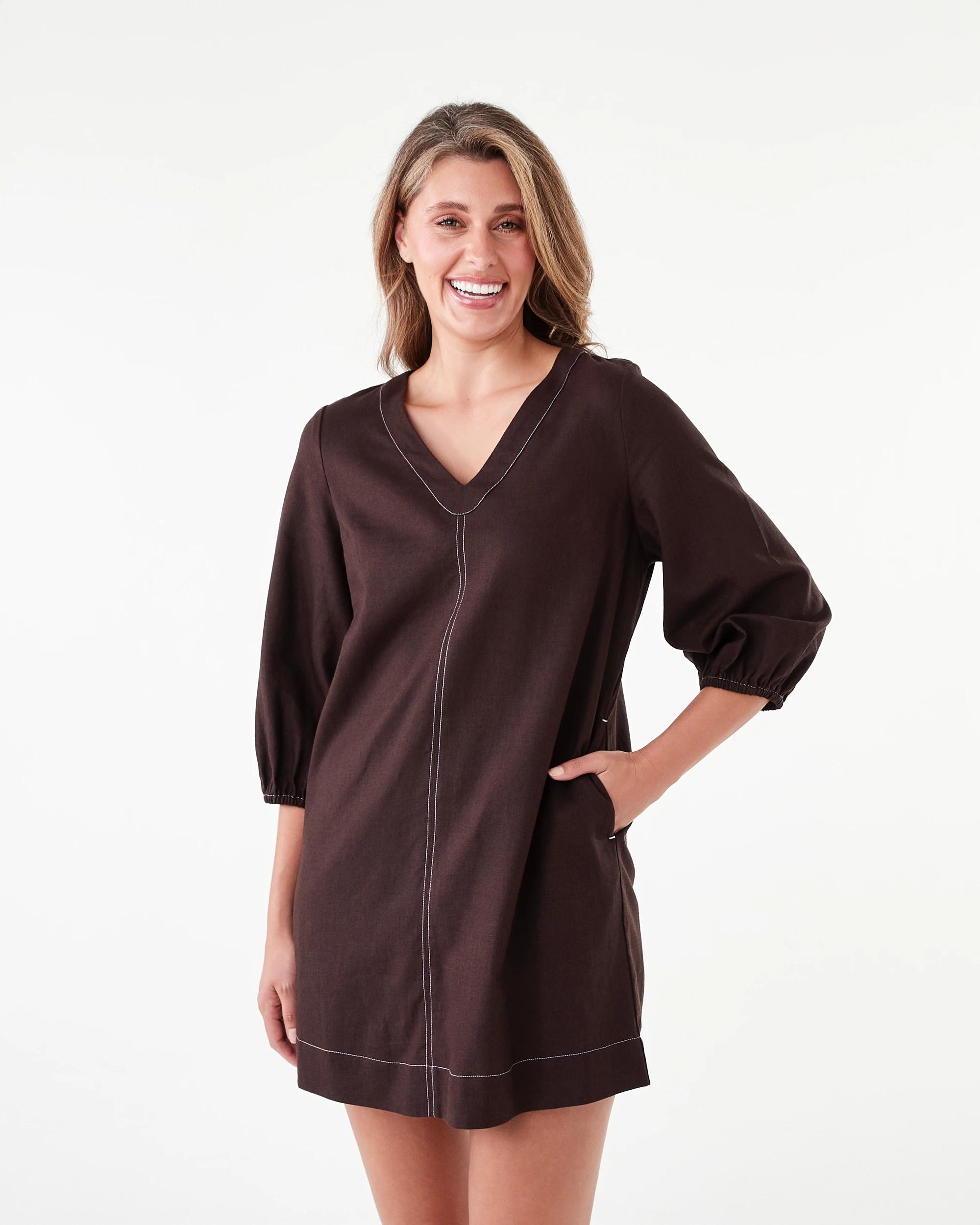 1 Long Sleeve Linen Blend V-Neck Mini Dress Choc Plum, 1 of 9