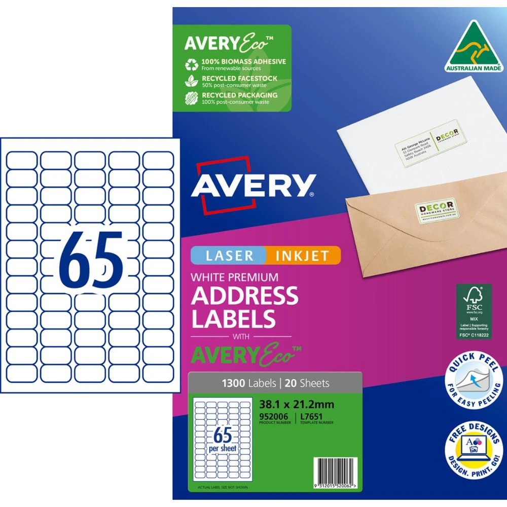 1 Avery Premium White Address Labels AveryEco 65UP 20 Sheets, 1 of 10