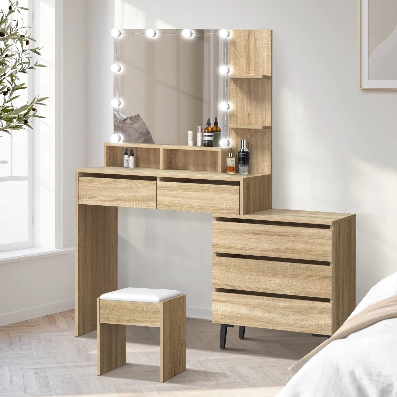 2 Oikiture Dressing Table Stool Set Makeup Mirror 10 Led Bulbs Cabinet
 - Natural, 2 of 9