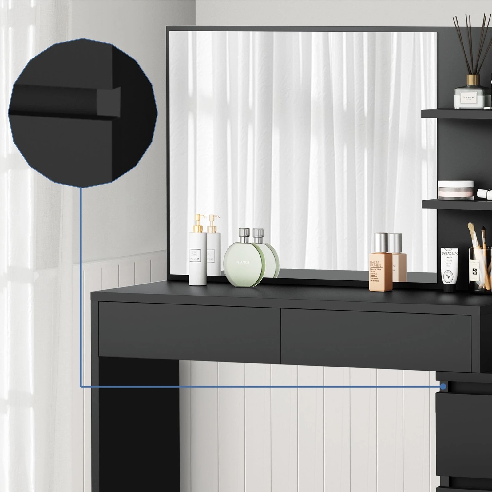 3 Alfordson Dressing Table Stool Set Makeup Mirror Desk Storage Drawers - Black, 3 of 10