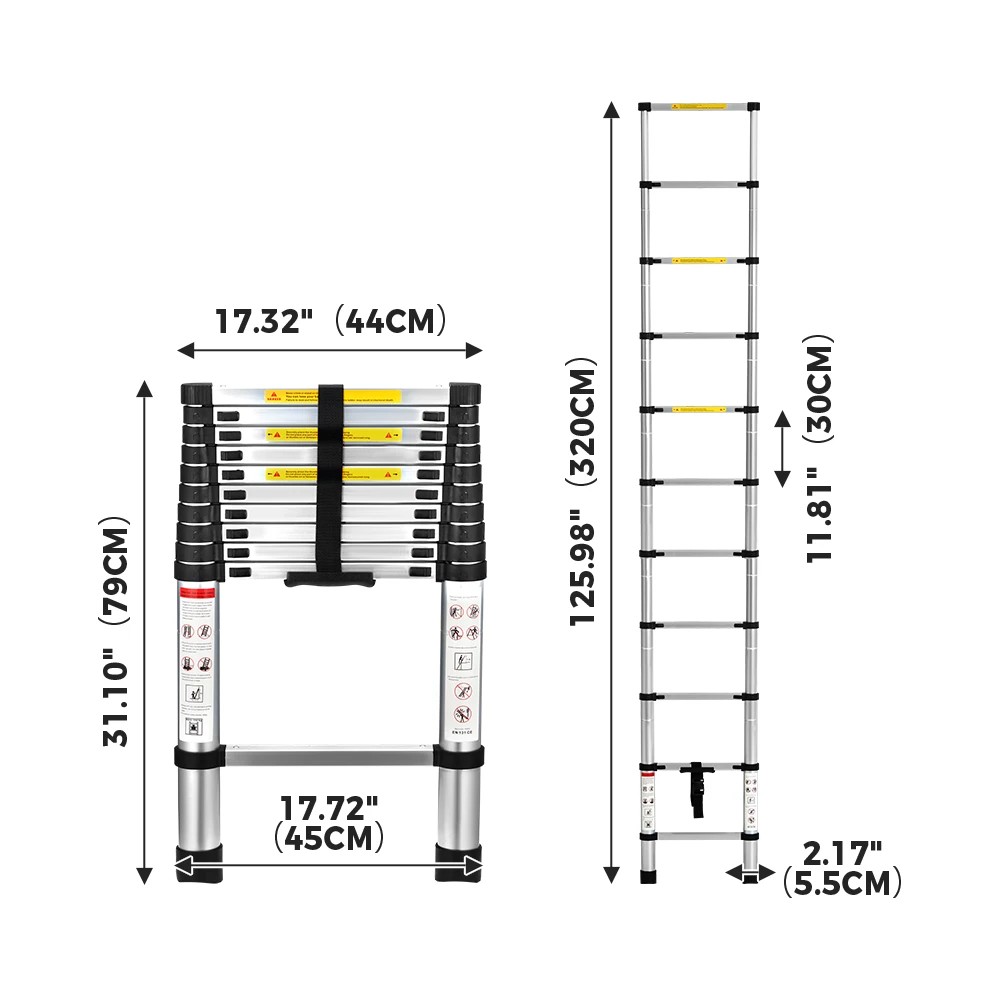 2 ZUNI 3.2M Telescopic Aluminium Ladder 150kg Load Height Locking Extension Step - Multi, 2 of 3
