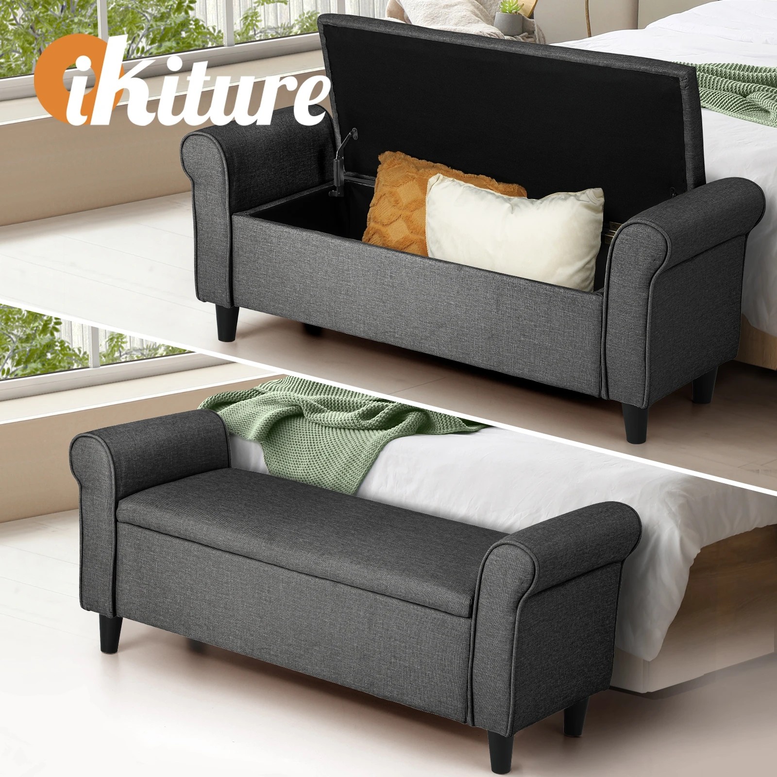 2 Oikiture Storage Ottoman Blanket Box Linen Fabric Arm Foot Stool Couch
 - Grey, 2 of 10