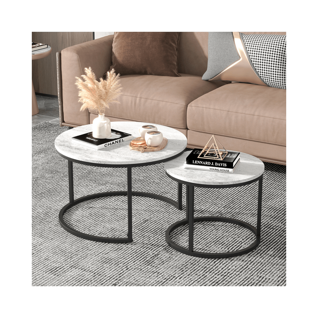 3 Advwin Nesting Coffee Table Marble Finish 70 & 50cm Round Grey, 3 of 8
