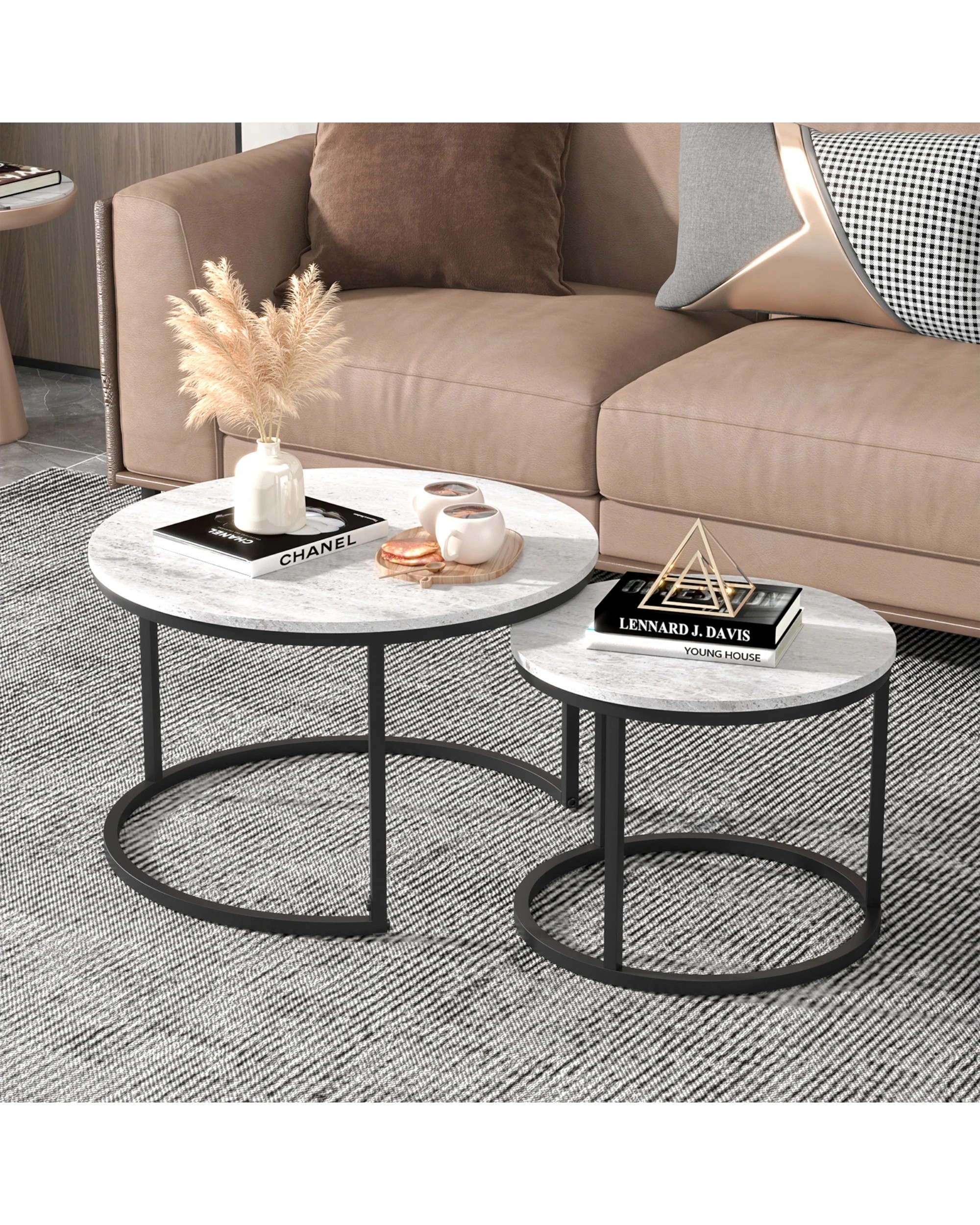 1 Advwin Nesting Coffee Table Marble-look PVC Finish 70 & 50cm Round Grey, 1 of 7