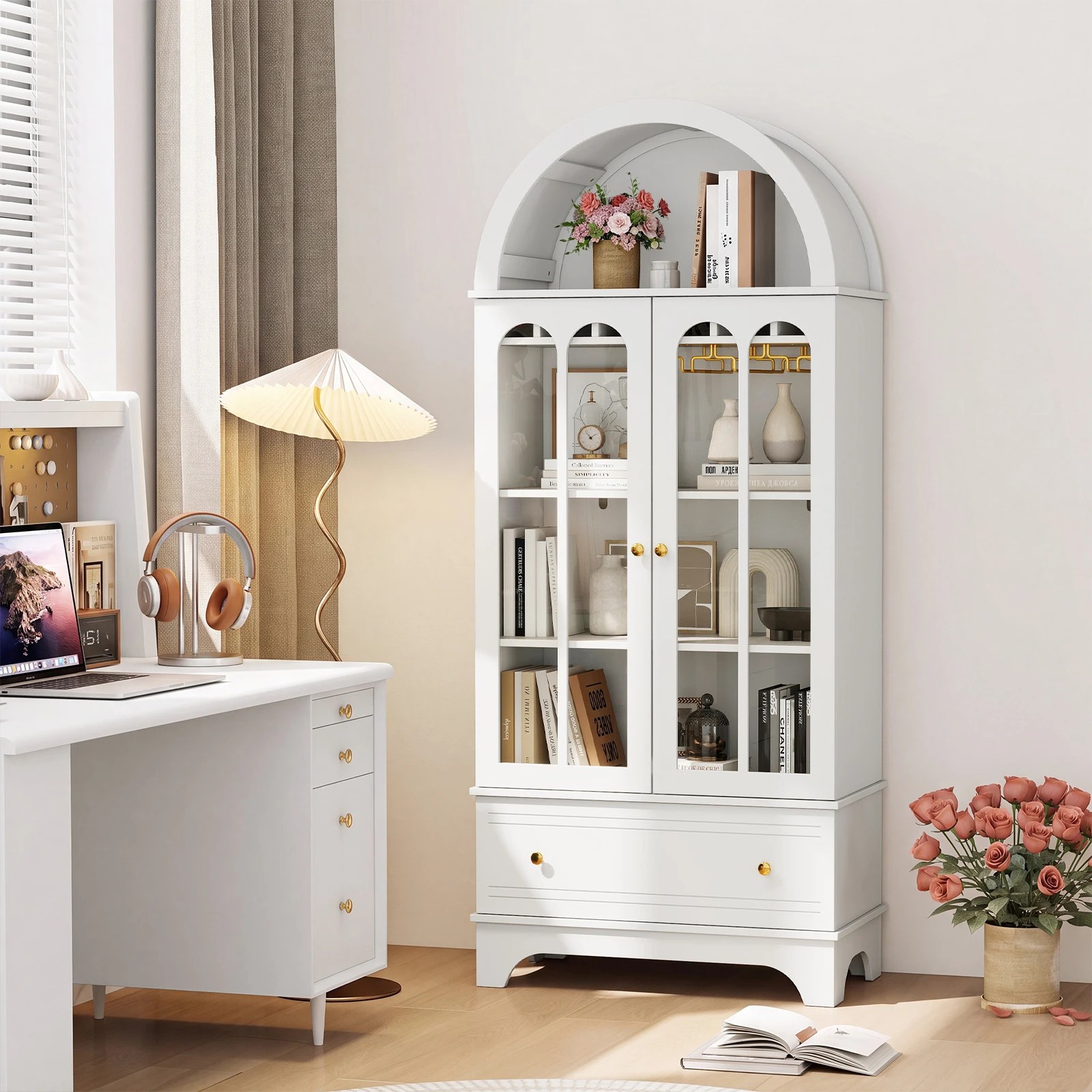 3 Costway 181CM Arched Pantry Cupboard 4-Tier Sideboard Tempered Glass Doors - White, 3 of 4