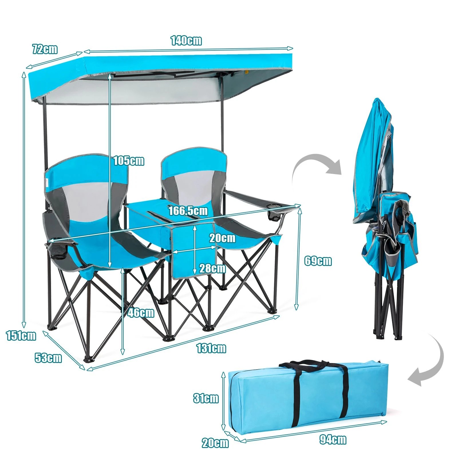 3 Costway Outdoor Beach Chairs Folding Camping Chairs Sun Shade w/Canopy & Carry Bag - Blue, 3 of 3