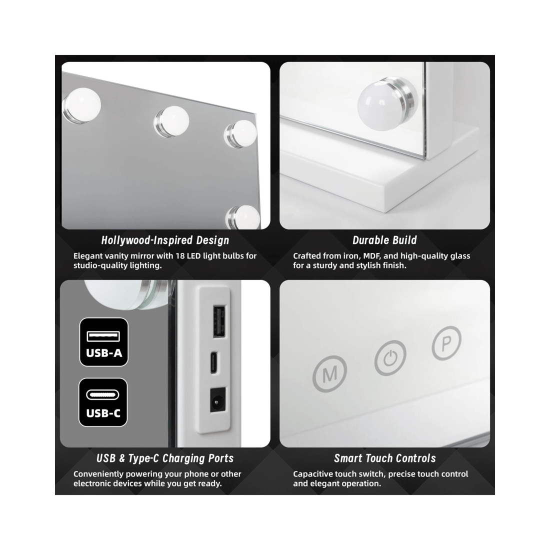 4 Lenoxx Beauty Mirror with 18 LED Bulbs, Colour Settings, White Frame,  and USB A and C Ports, 4 of 4