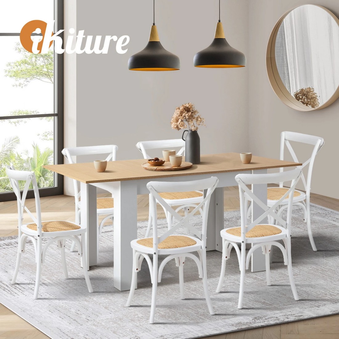 6 Oikiture 160cm Extendable Dining Table With 6pcs Dining Chairs Crossback
 - Multi, 6 of 10