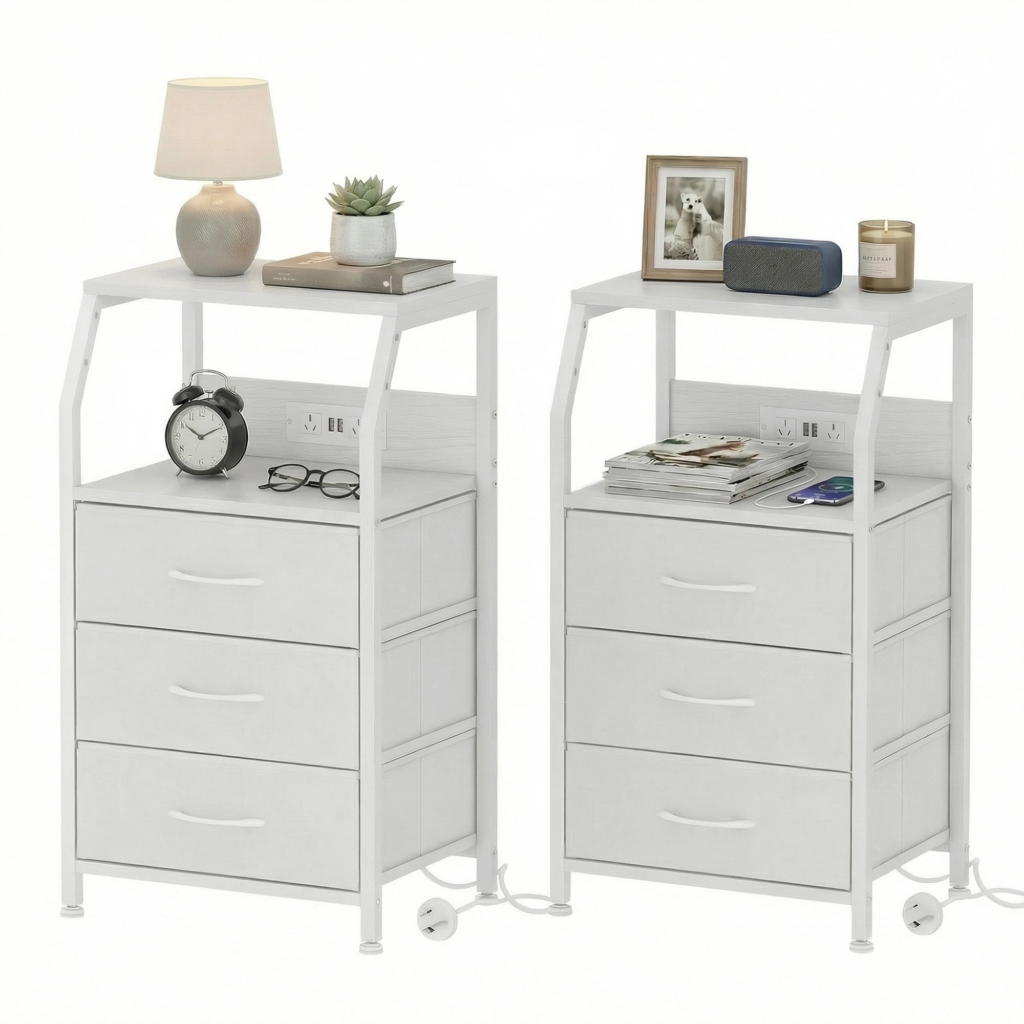 1 Advwin Set of 2 Bedside Table with Charging Station 3 Fabric Drawers Nightstand - White, 1 of 10