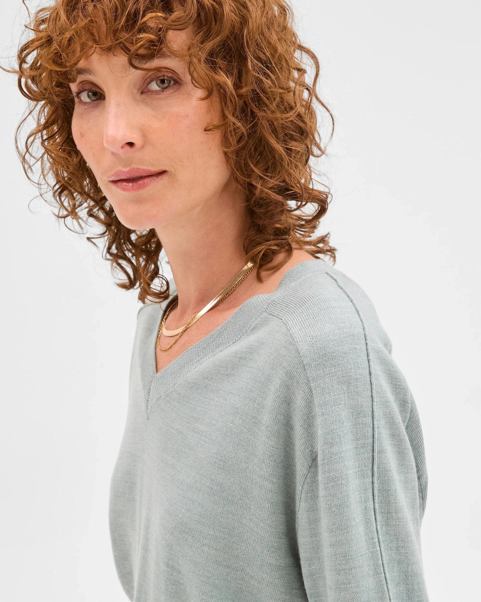 6 Preview Australian Merino Wool Long Sleeve V-Neck Knit Top GREEN SLATE MARLE, 6 of 6