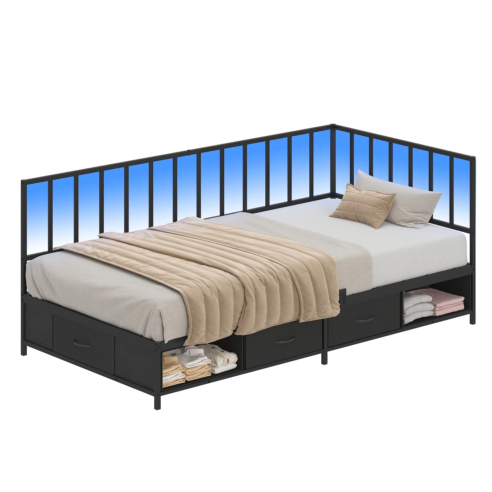 1 Advwin Single Corner Bed Frame L Shaped with LED Light and Drawers - Black, 1 of 9