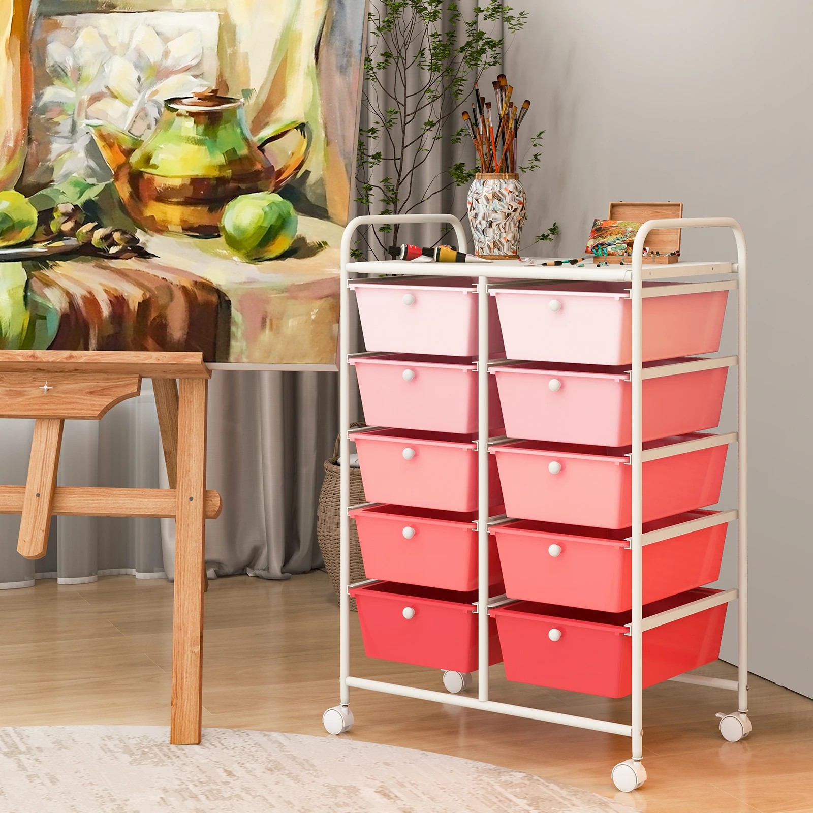 2 Costway 10 Drawers Mobile Storage Cart Utility Trolley - Pink, 2 of 3