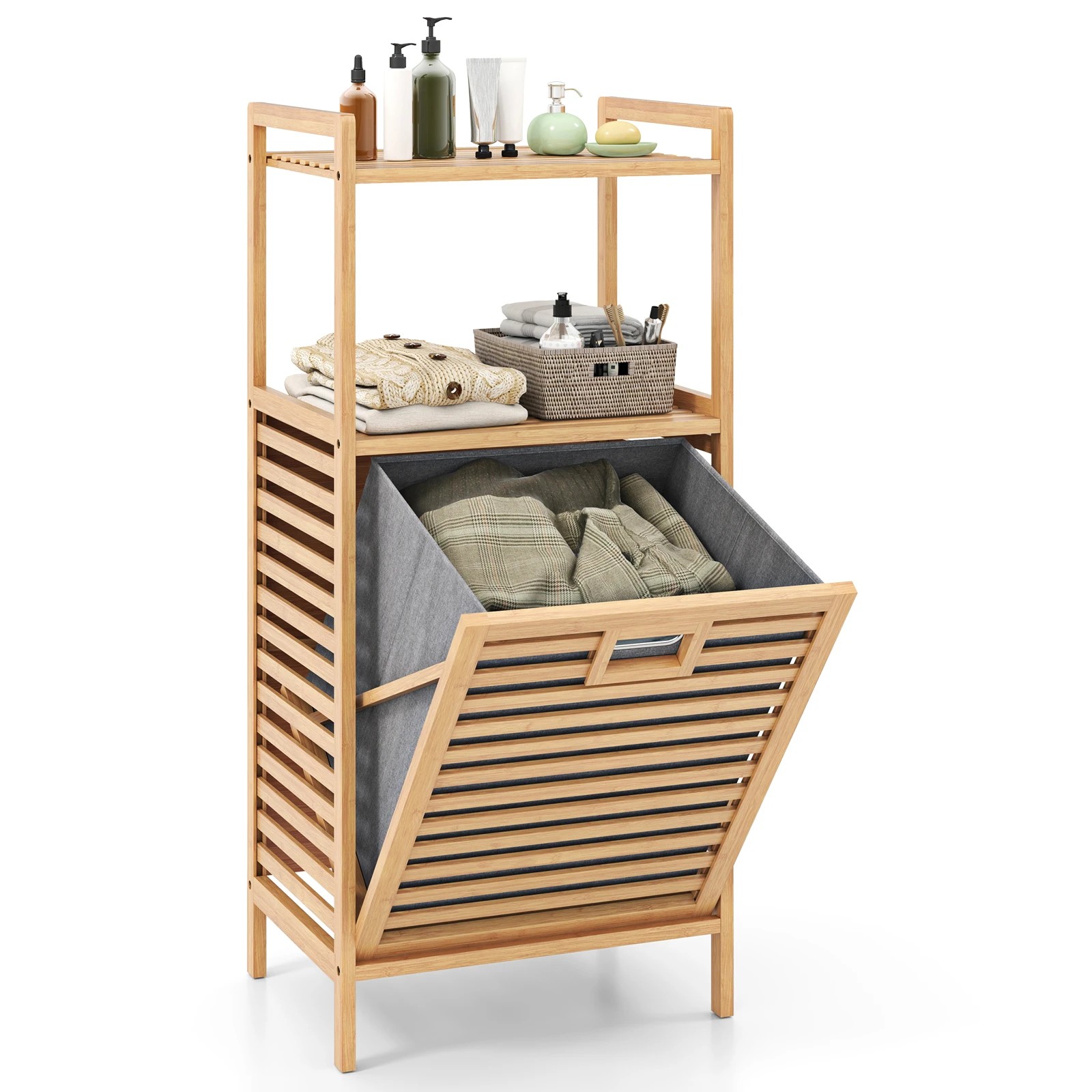 5 Costway Bamboo Laundry Cabinet Bathroom Storage Cupboard w/Tilt-Out Basket - Natural, 5 of 6