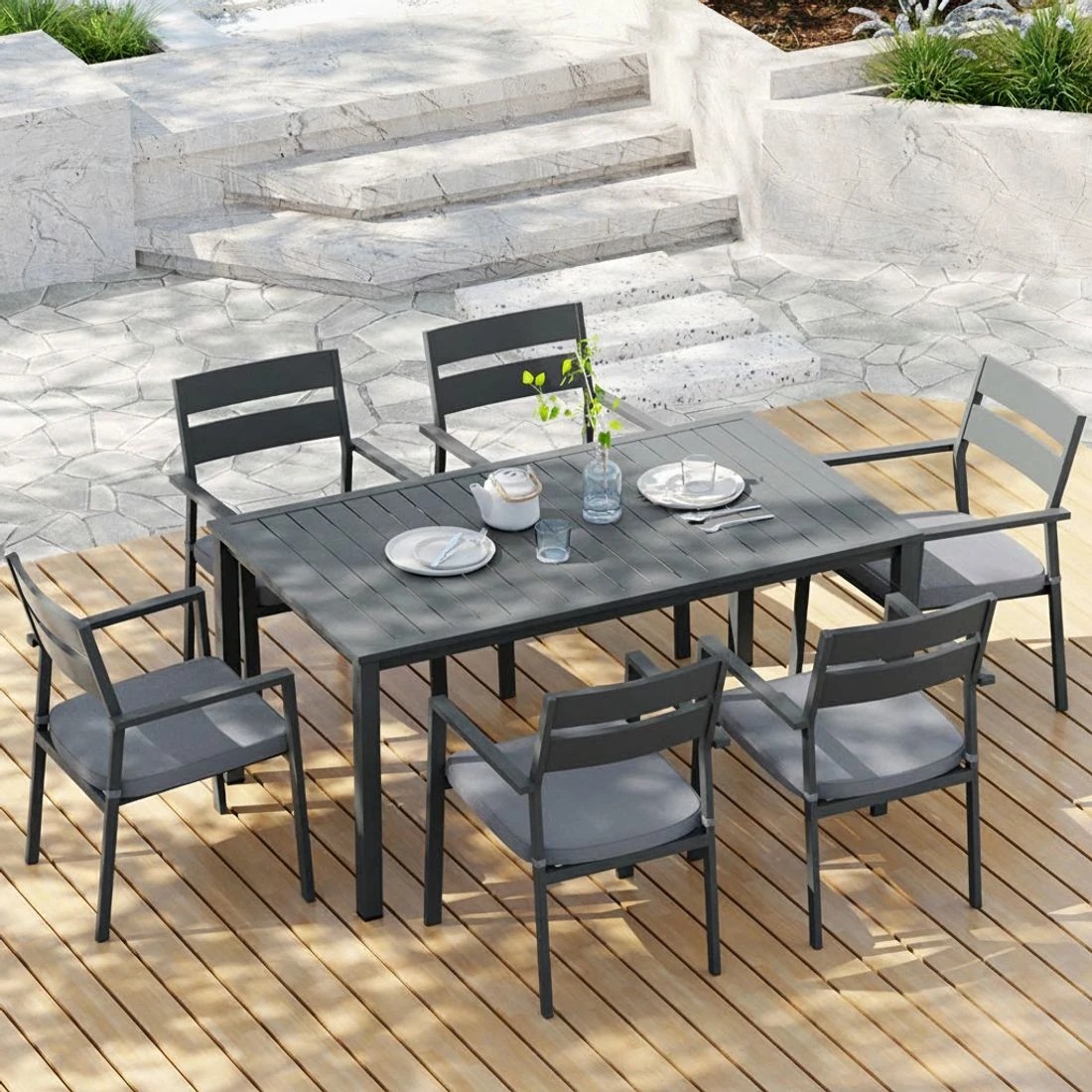 6 Gardeon Outdoor Dining Set 7 Piece Aluminum Table Chairs Setting - Black, 6 of 6