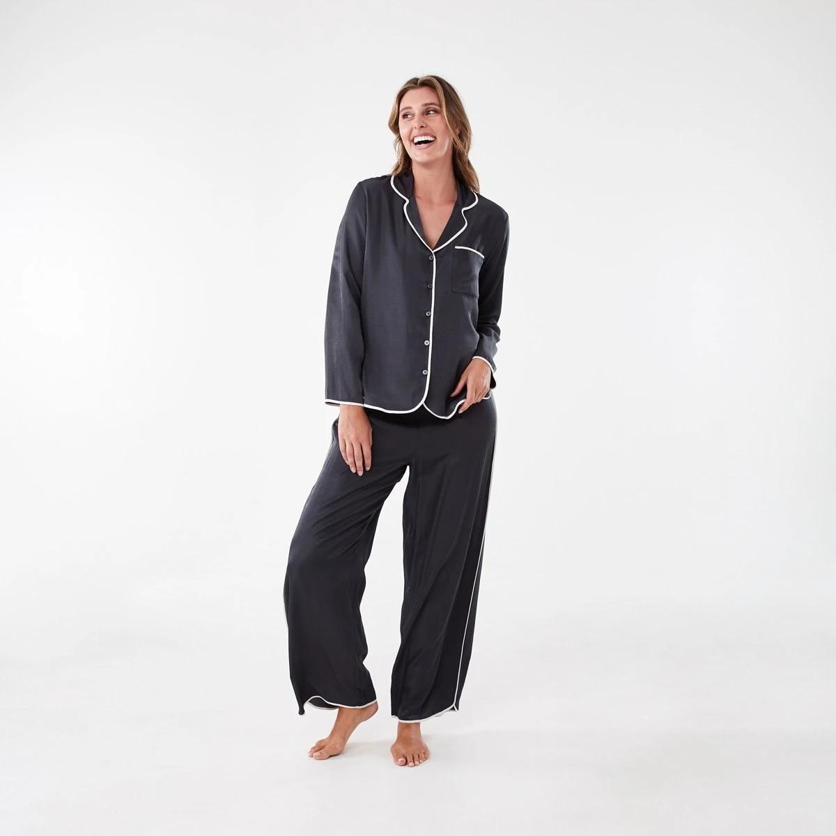 1 Matte Satin Long Sleeve Top and Pants Pyjama Set Wshd Slate, 1 of 9
