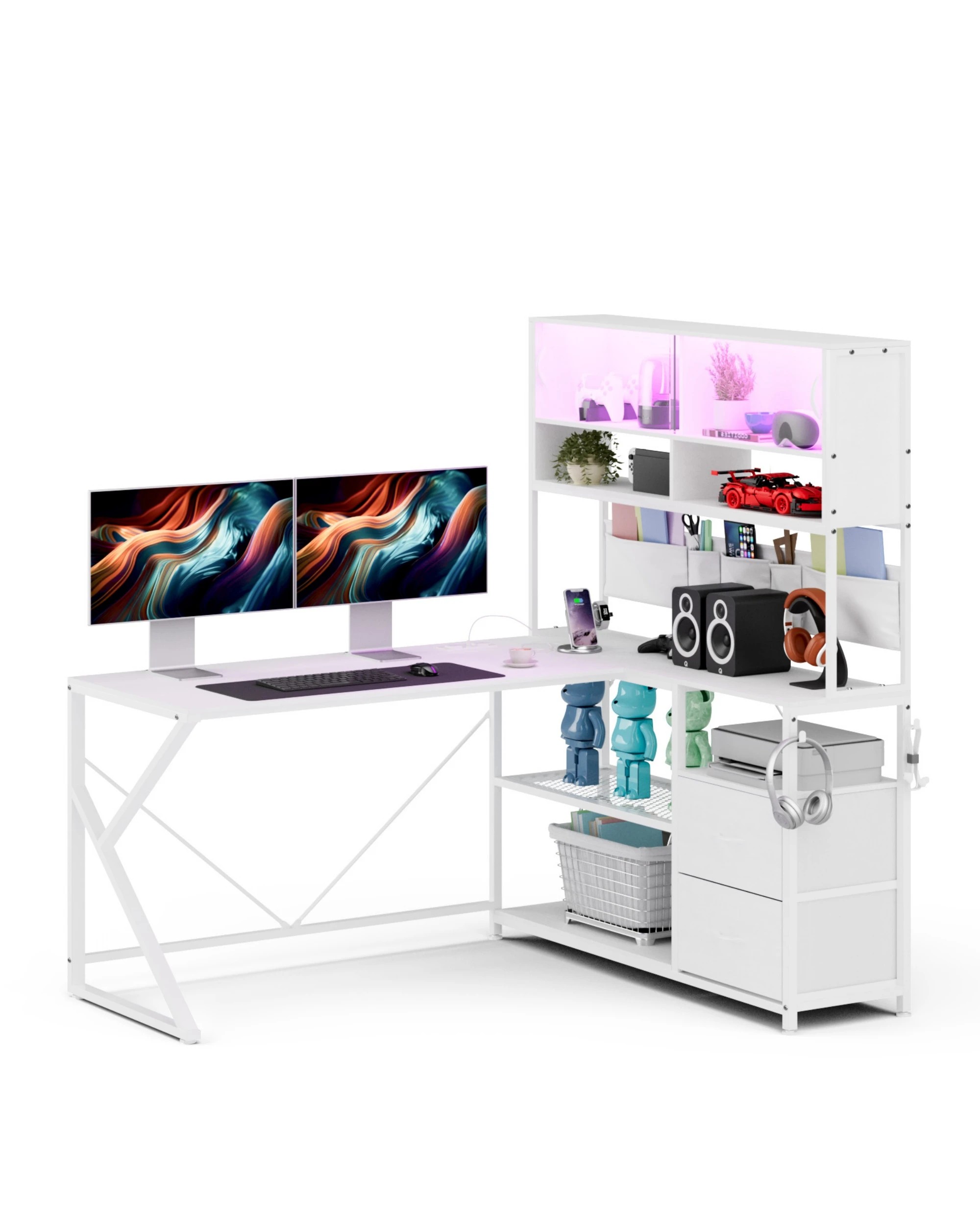 1 Advwin 130cm  L Shaped Gaming Desk with LED Lights & Power Outlets  - White, 1 of 10