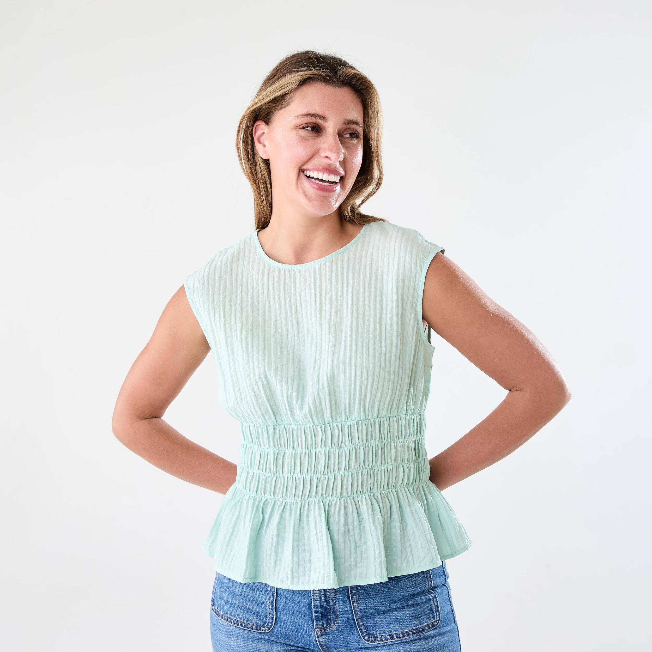 1 Sleeveless Crew Neck Shirred Top Icy Mint, 1 of 6