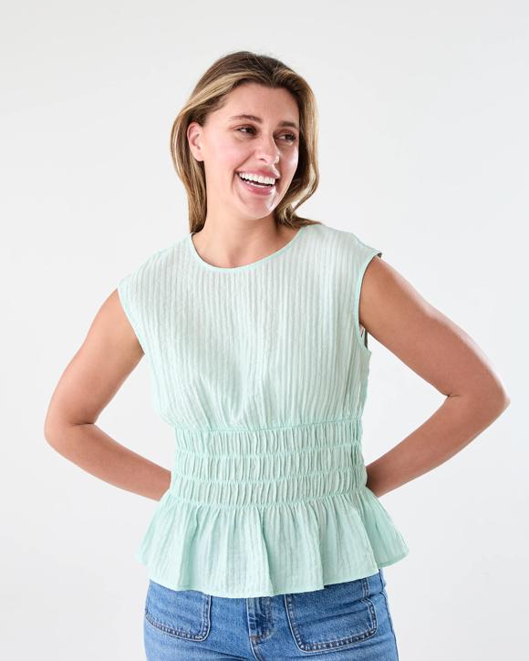 Sleeveless Crew Neck Shirred Top