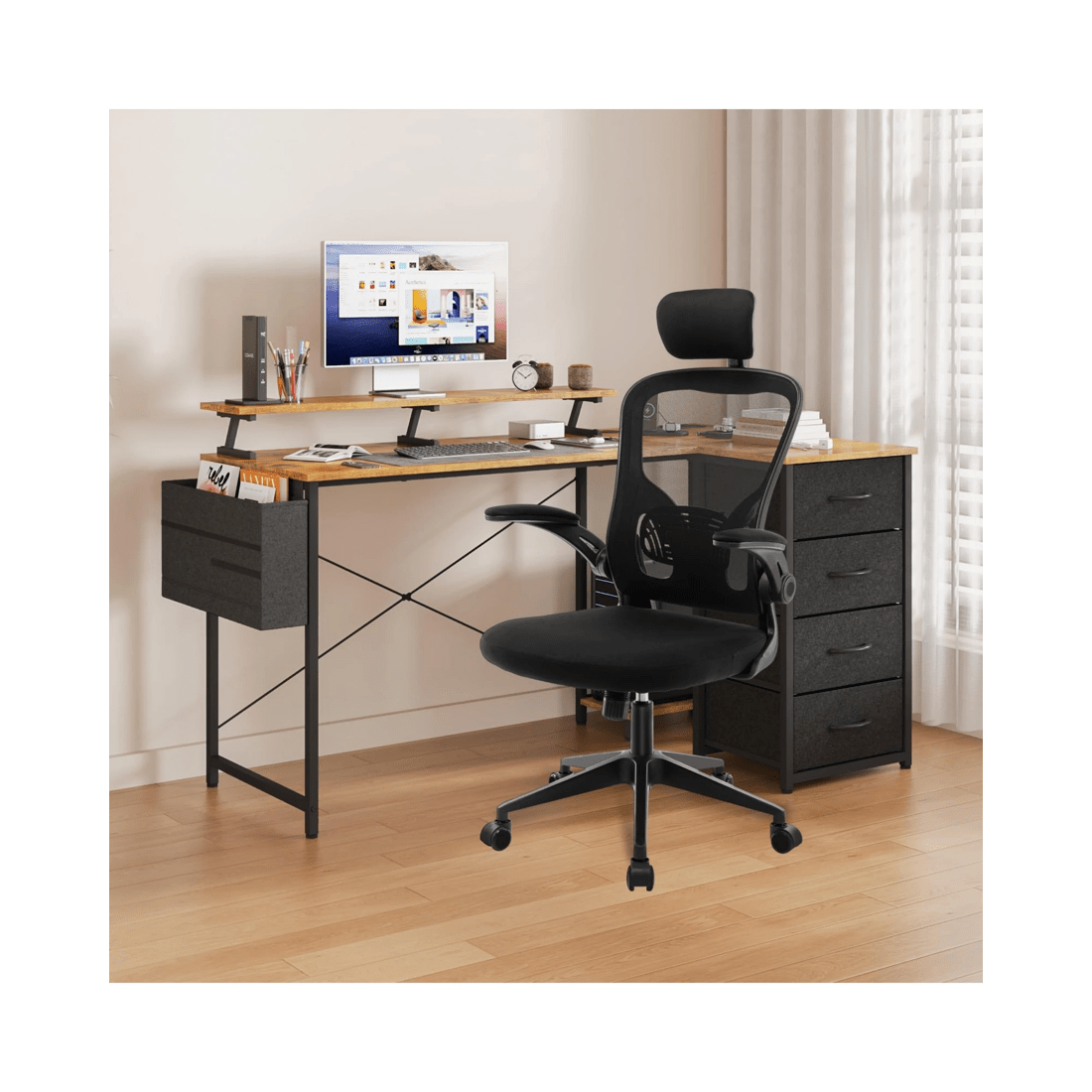 10 Advwin 160cm L Shaped Gaming Desk With Led Lights & Power Outlets Convertible Computer Desk Walnut, 10 of 10