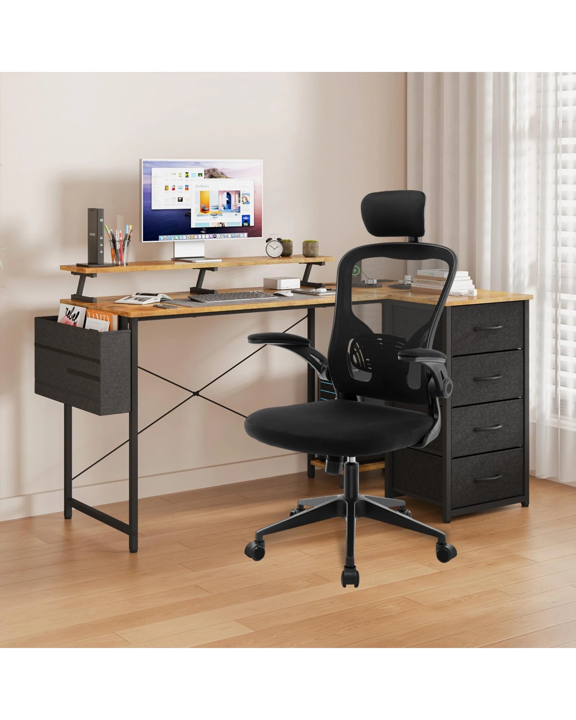 4 Advwin 160cm L Shaped Gaming Desk With Power Outlets Convertible LED Computer Desk Walnut, 4 of 4