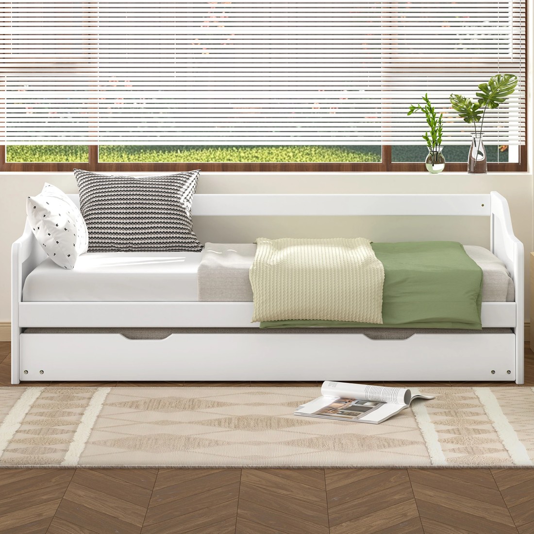 3 Alfordson Bed Frame Trundle 2x Single Size Wooden Daybed Base Timber - White, 3 of 9