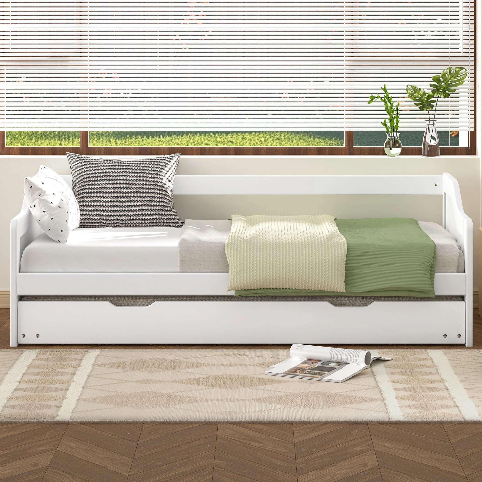 3 Alfordson Bed Frame Trundle 2x Single Size Wooden Daybed Base Timber - White, 3 of 9