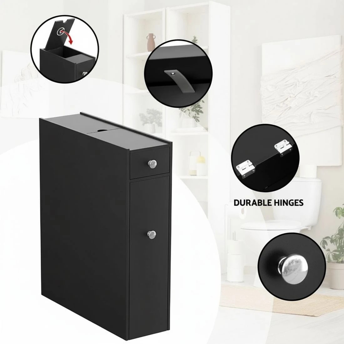 7 Artiss Bathroom Storage Cabinet Toilet Slim Tissue Box Caddy Holder Side Wooden - Black, 7 of 8