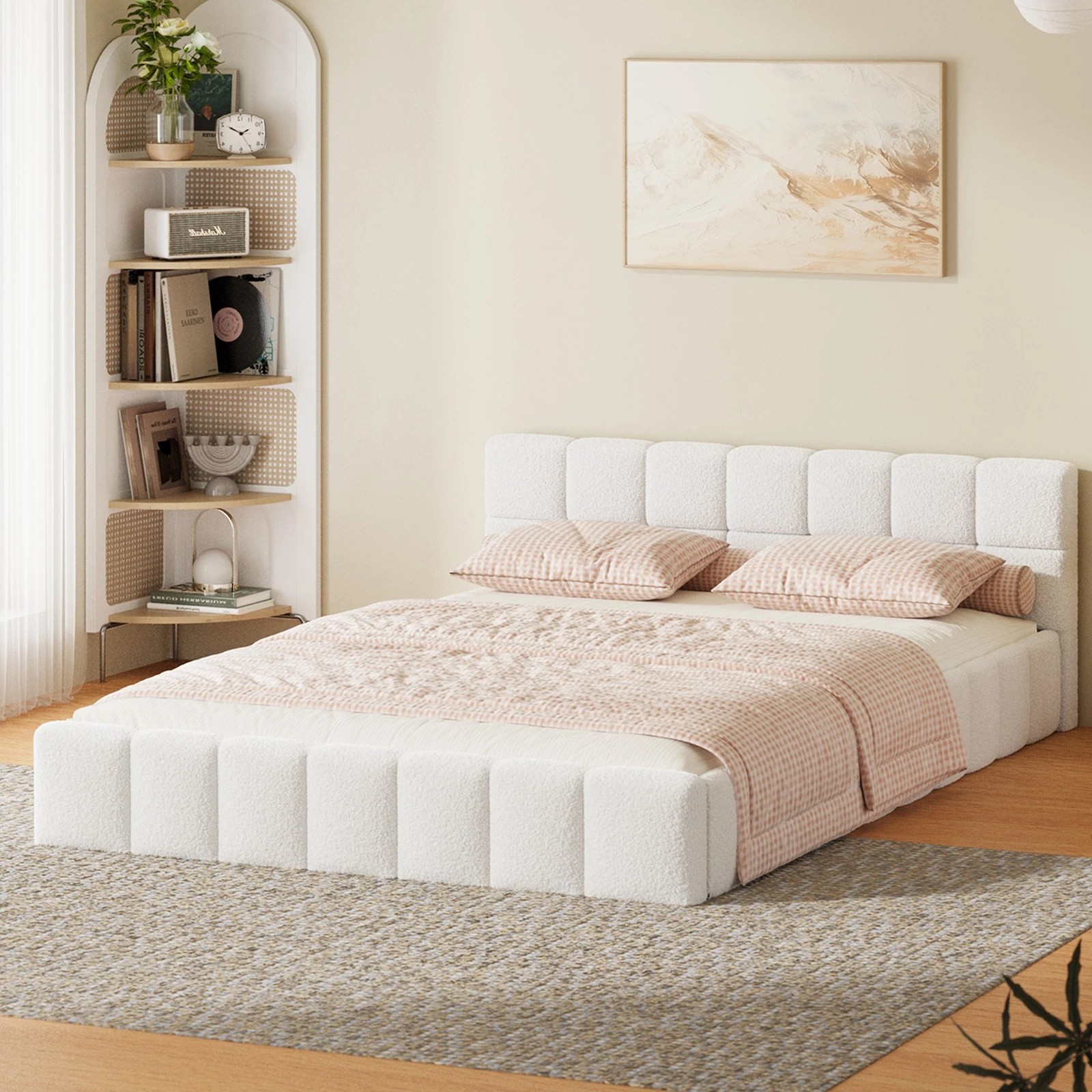 3 Oikiture Bed Frame Double Size Tufted Headboard Boucle - White, 3 of 7