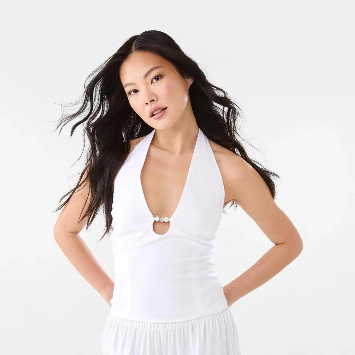 1 Linen Blend Beaded Top WHITE, 1 of 10